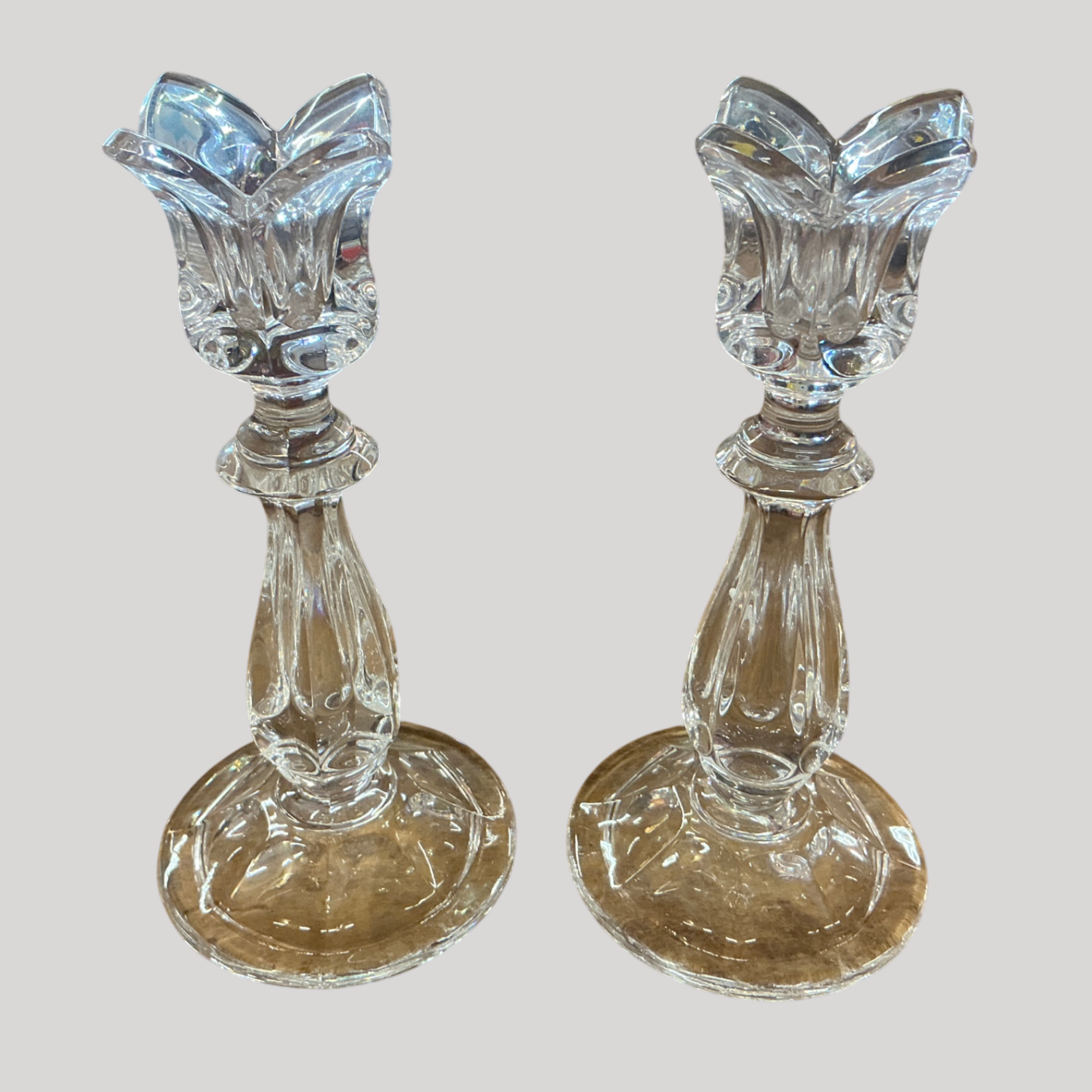 Pair of Vintage Crystal Tulip-Top Candle Holders