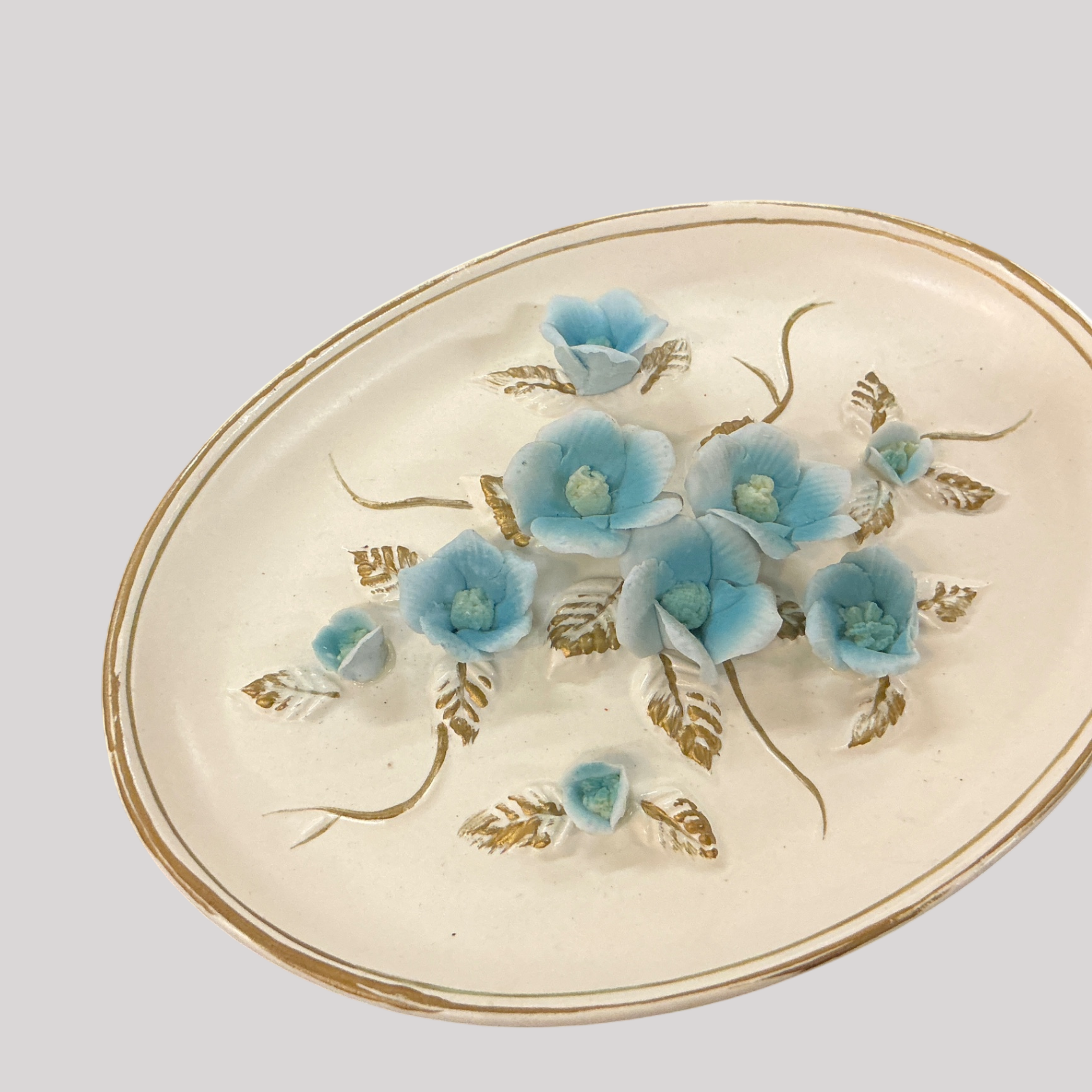 Vintage Italian Capodimonte-Style Porcelain Wall Plaque with Blue Flowers