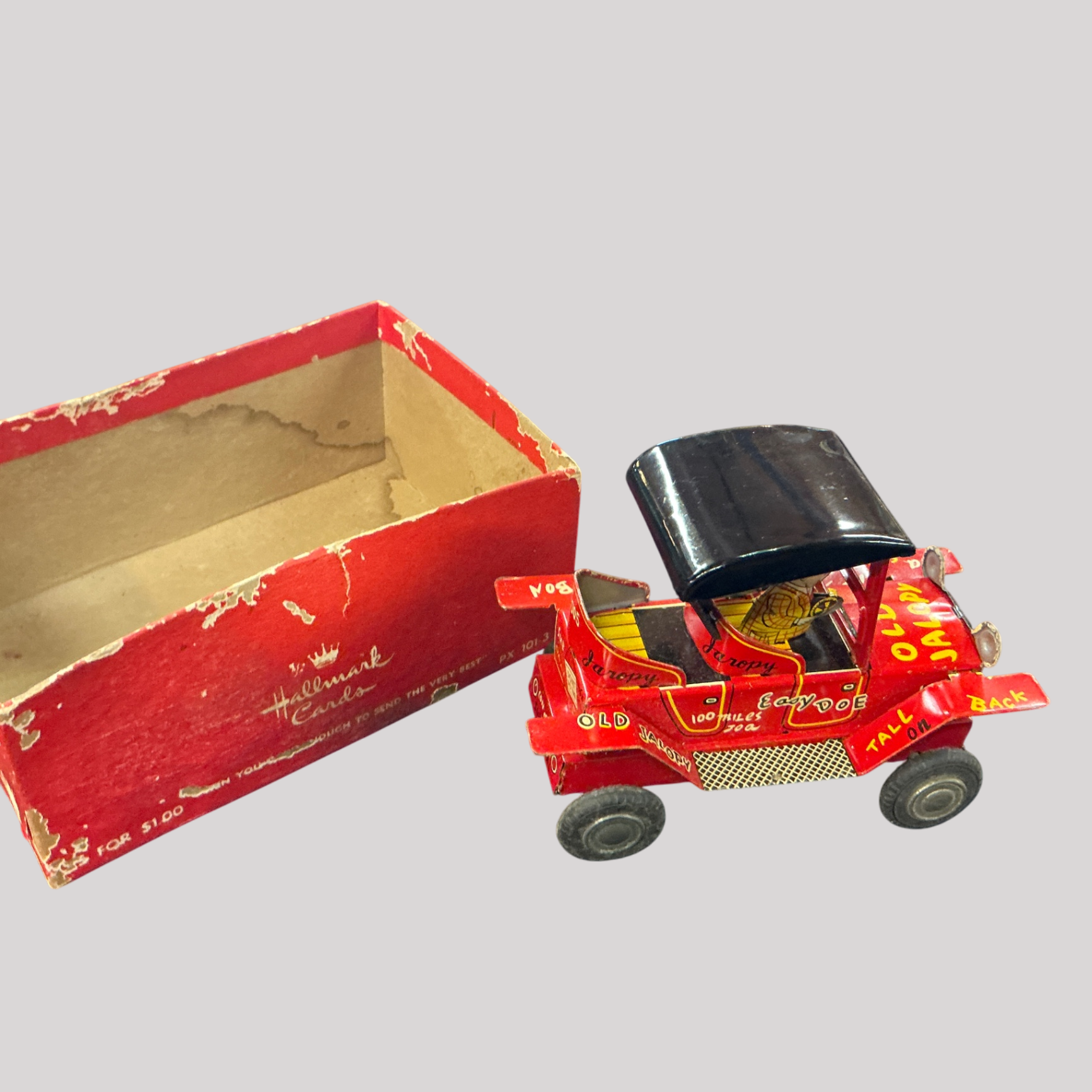 Vintage 1950s “Old Jalopy” Tin Lithograph Toy Car – Friction or Free-Roll Version