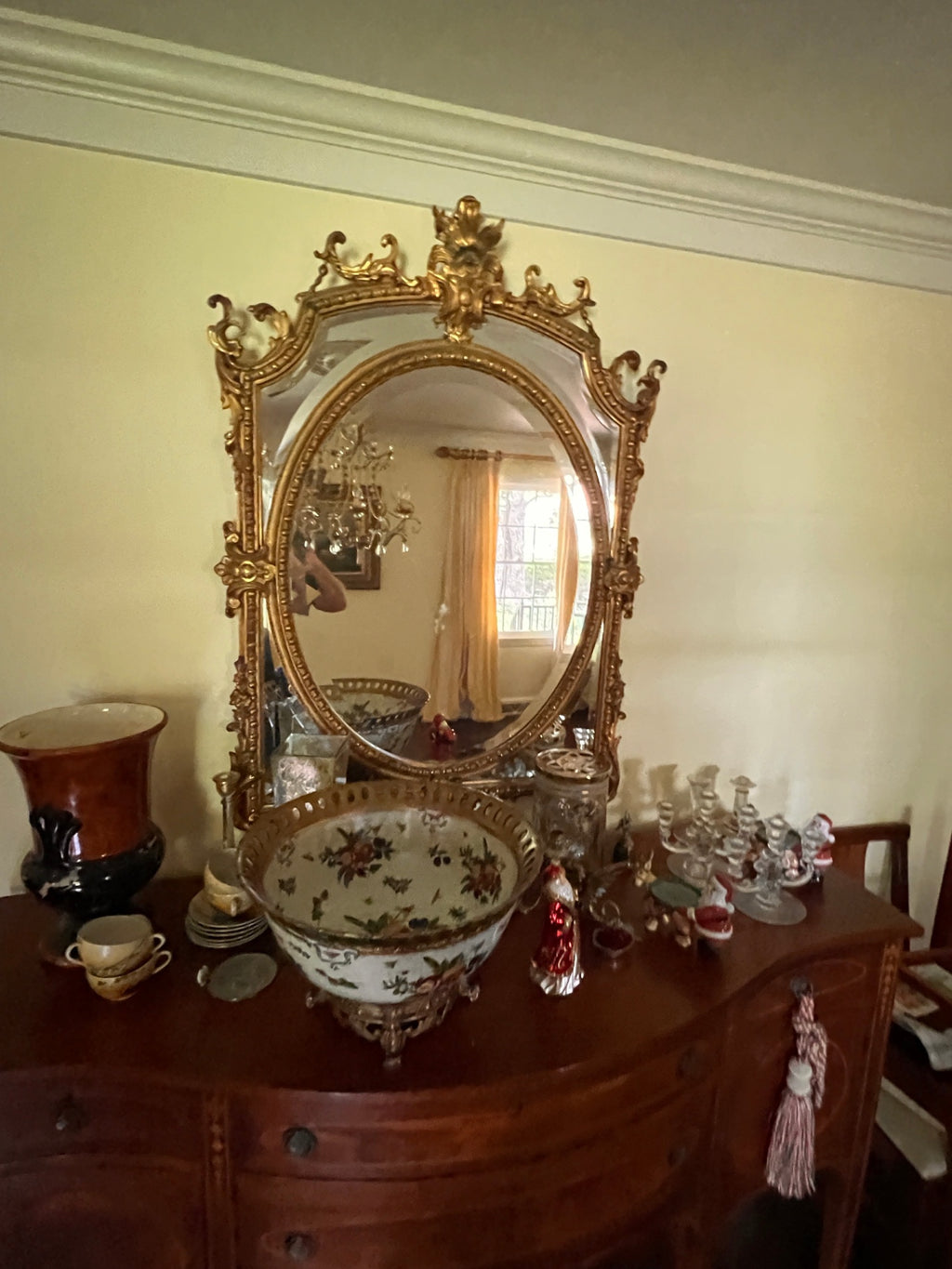 Large Florentine Style Giltwood Oval Mirror with Acanthus Cresting, 48" x 34"