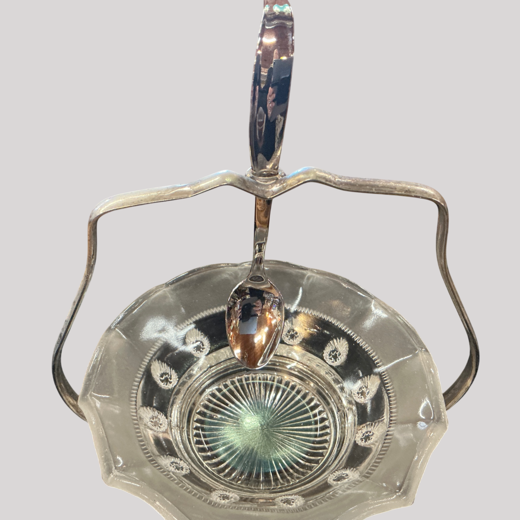 Vintage Silver-Plated Glass Condiment Server with Spoon and Handle