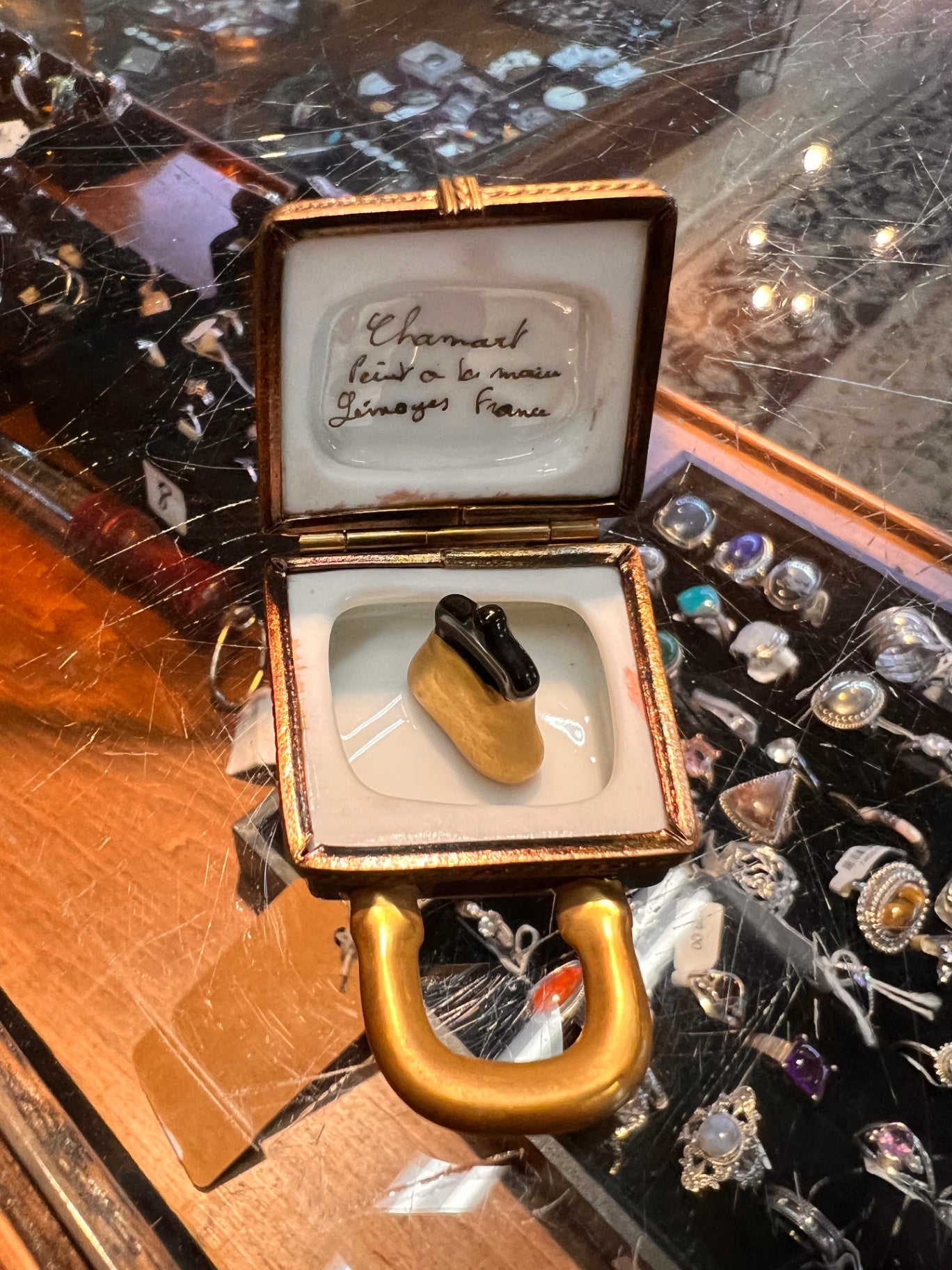 Chamart Limoges France Hand-Painted Porcelain Purse Box with Shoe Inside