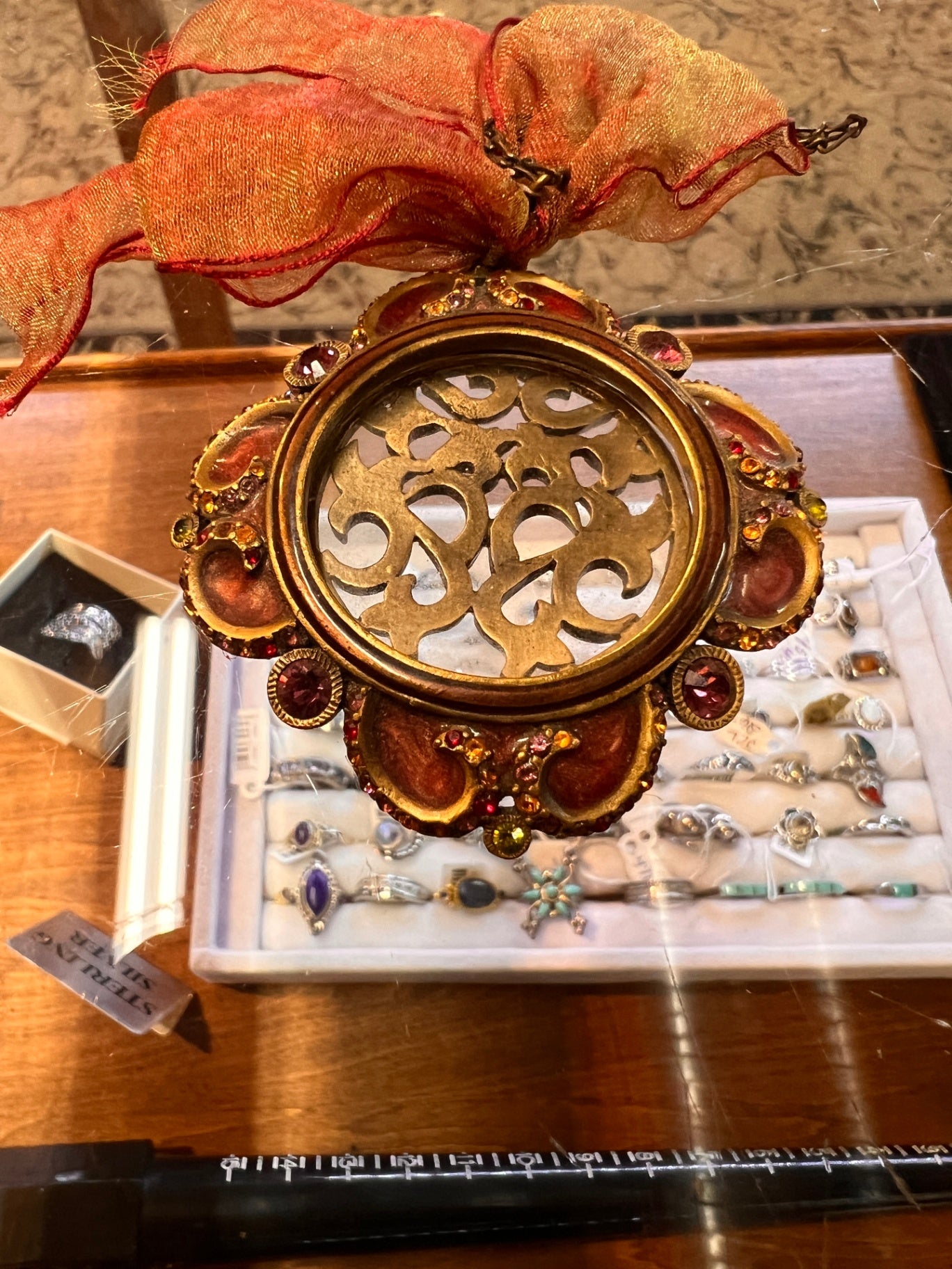 Jay Strongwater Gilded Jeweled Ornament / Frame with Amber and Ruby Crystals