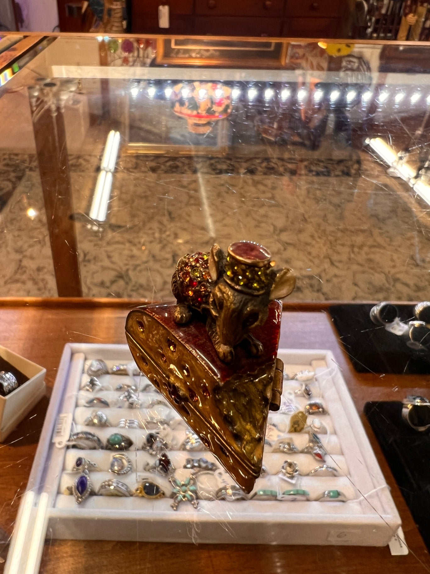 Jay Strongwater Hand-Enameled Jeweled Mouse on Cheese Trinket Box