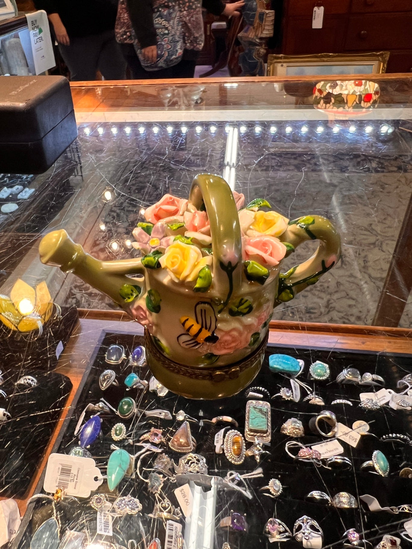 Limoges-Style Hand-Painted Porcelain Trinket Box — Watering Can with Roses and Bee