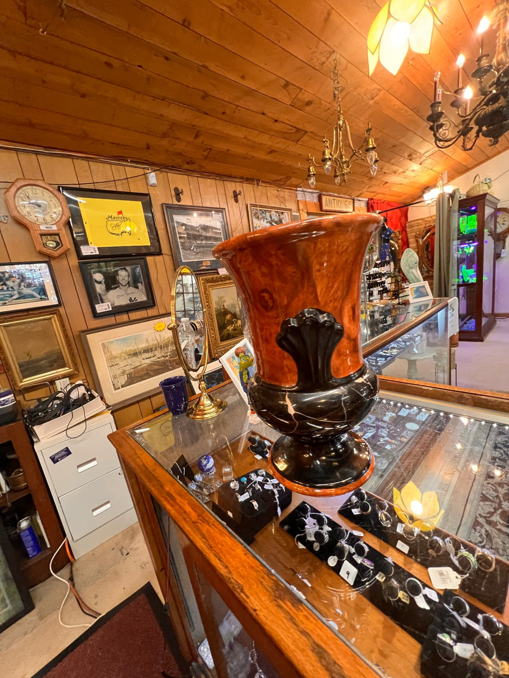 Large Mid-Century Italian Ceramic Vase by SCC Castelli – Amber and Black Marbled Glaze