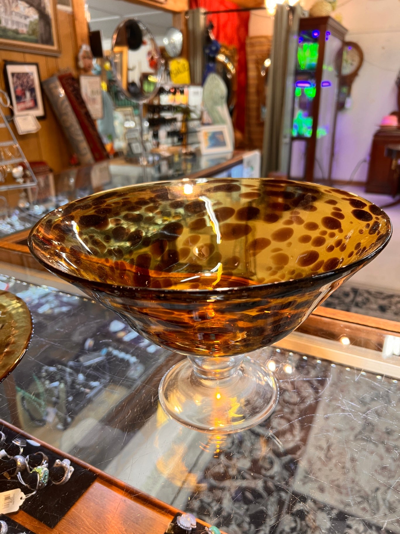 Vintage Murano-Style Amber Tortoiseshell Art Glass Bowl and Charger Set – Hand-Blown Italian Glass