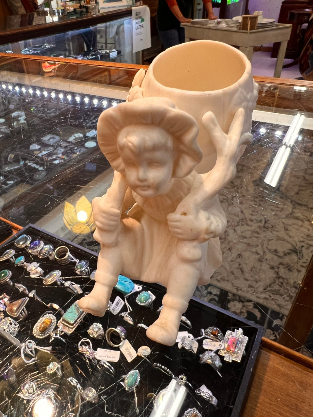 Vintage Ardalt Lenwile China “Verithin” Bisque Planter — Boy with Rabbit and Tree Stump