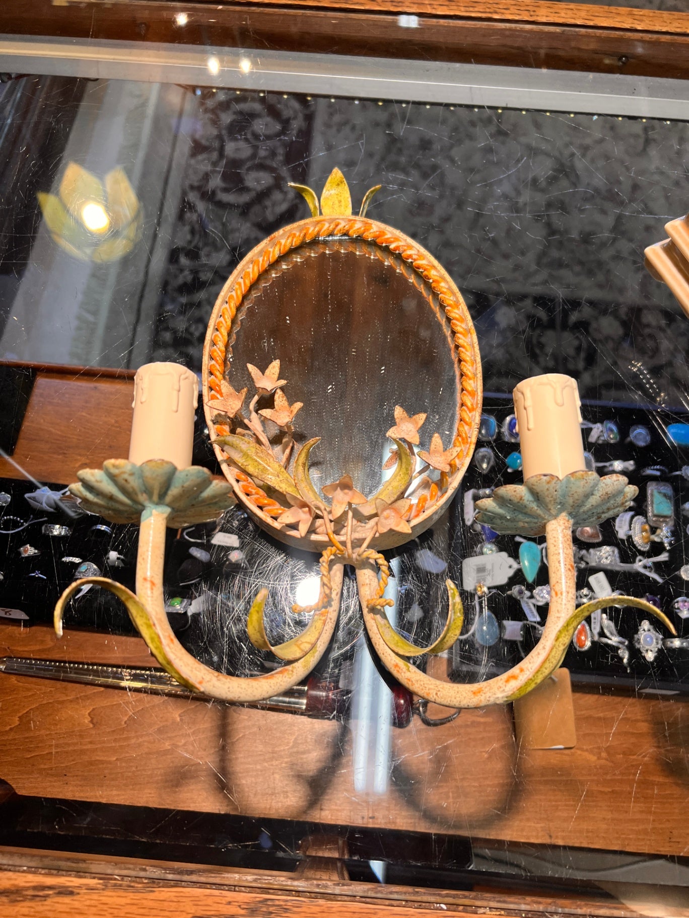 Vintage Italian Tole Mirrored Wall Sconce Light – Hand-Painted Floral Metal, Dual Arm, Mid-Century