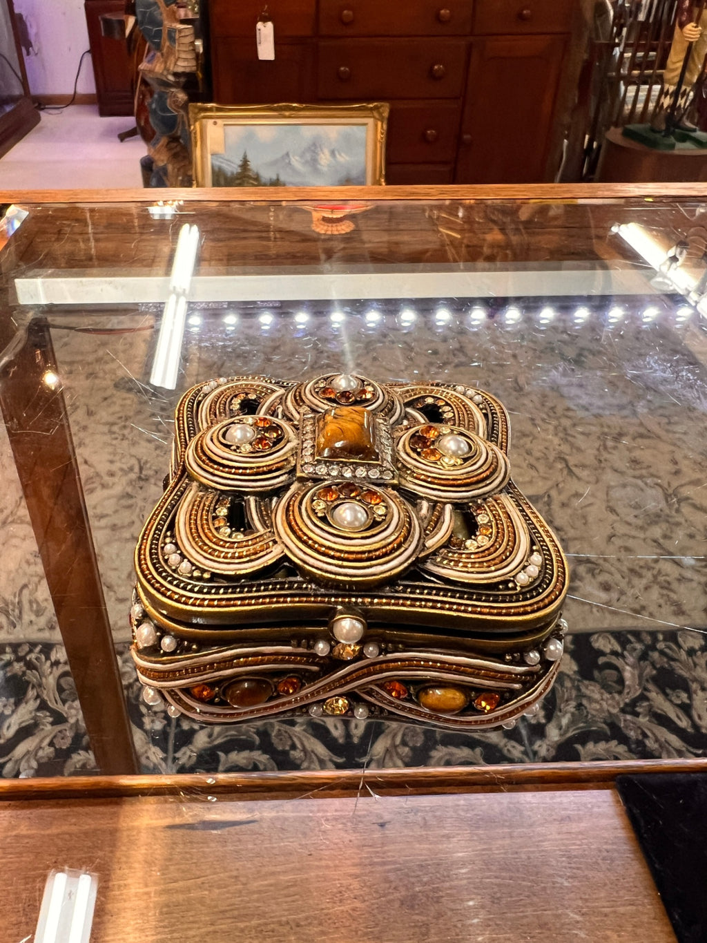 Olivia Riegel Jeweled Amber & Pearl Gilt Trinket Box