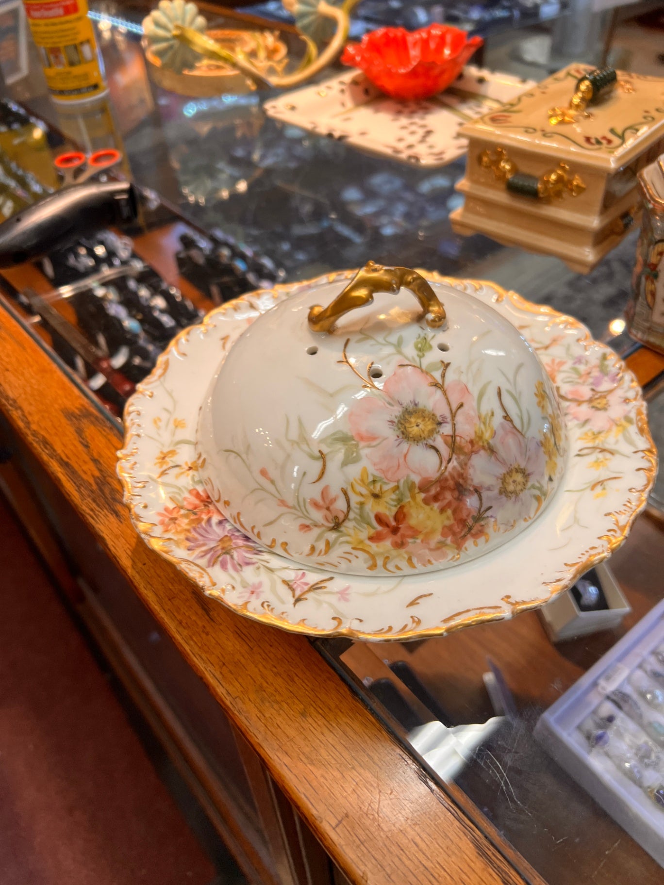 Antique T&V Limoges France Butter Dish – Hand-Painted Floral and Gilt Porcelain, Circa 1892–1907