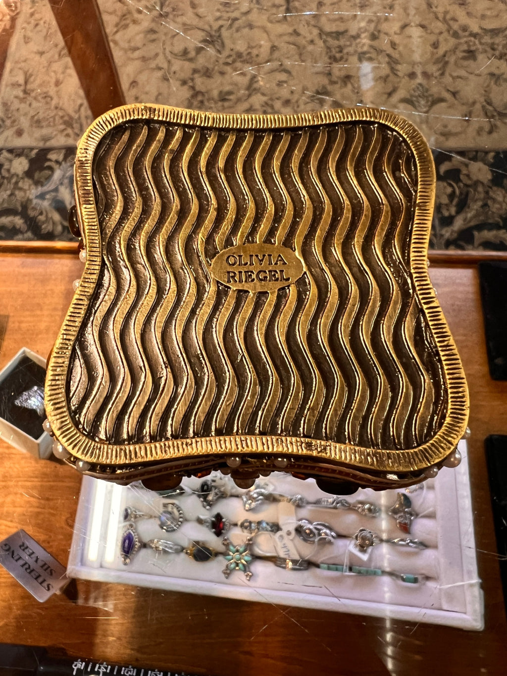 Olivia Riegel Jeweled Amber & Pearl Gilt Trinket Box