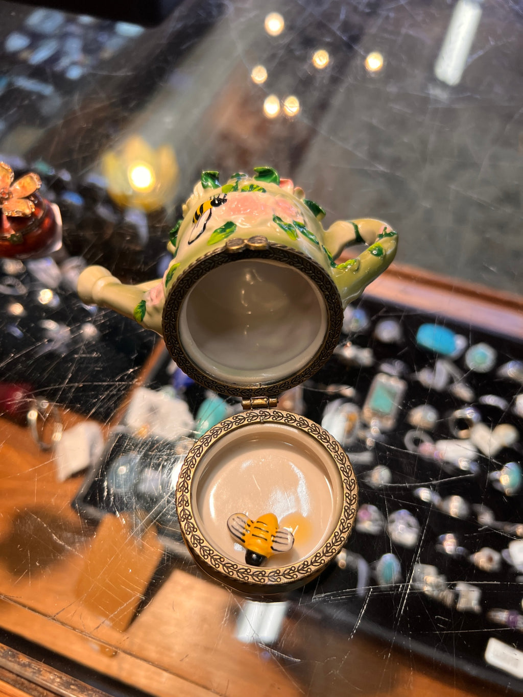 Limoges-Style Hand-Painted Porcelain Trinket Box — Watering Can with Roses and Bee