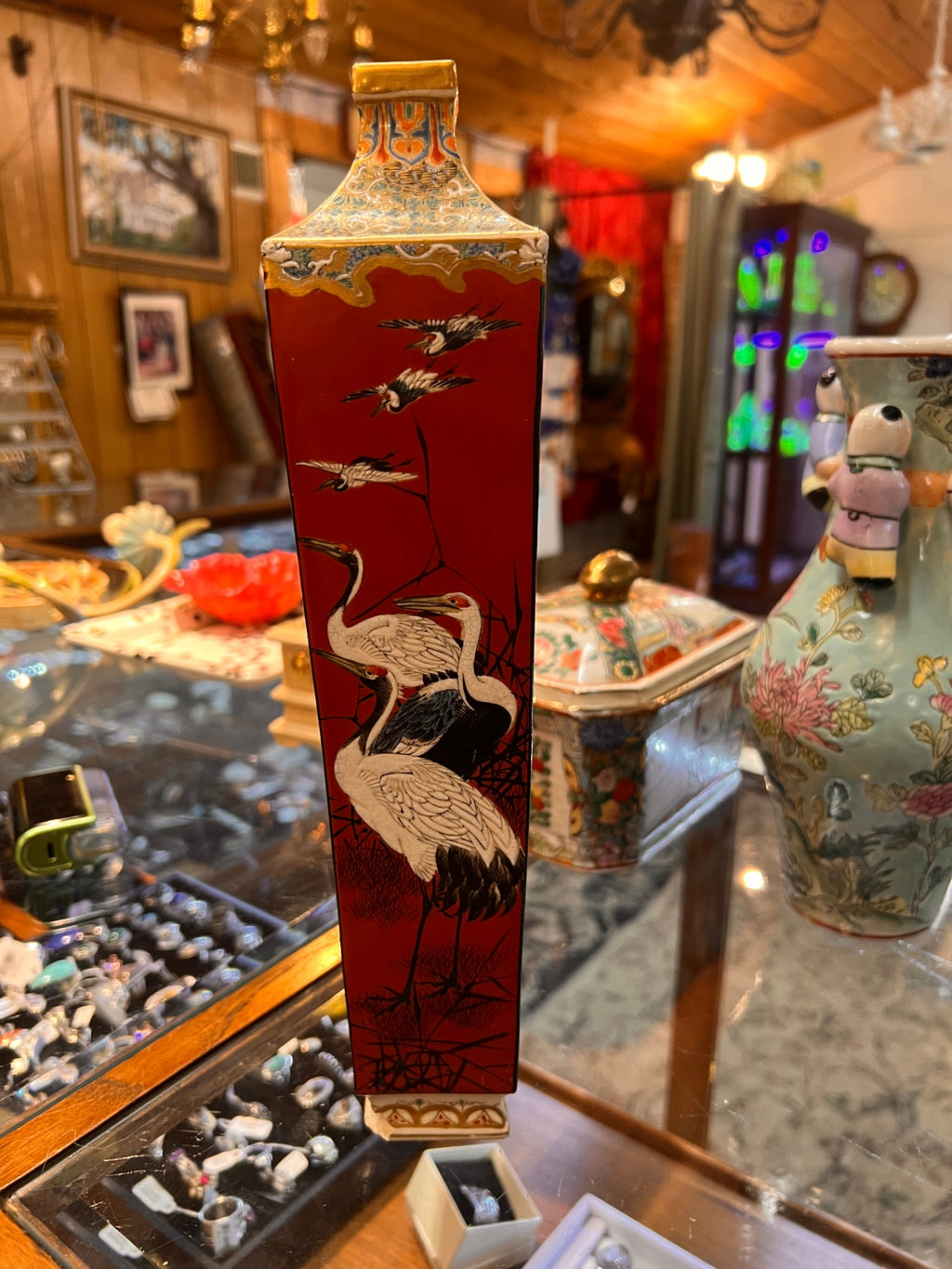 Antique Japanese Kutani Porcelain Hexagonal Vase – Red Crane & Floral Design, Meiji Period Mark