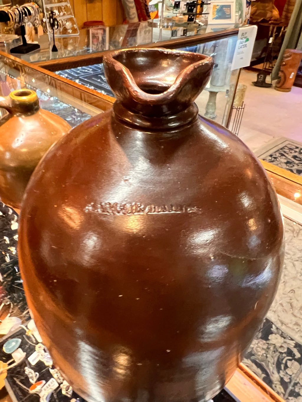 Antique Bangor Pottery Stoneware Jug – Early 1900s Brown Albany Slip Whiskey Jug, Bangor ME