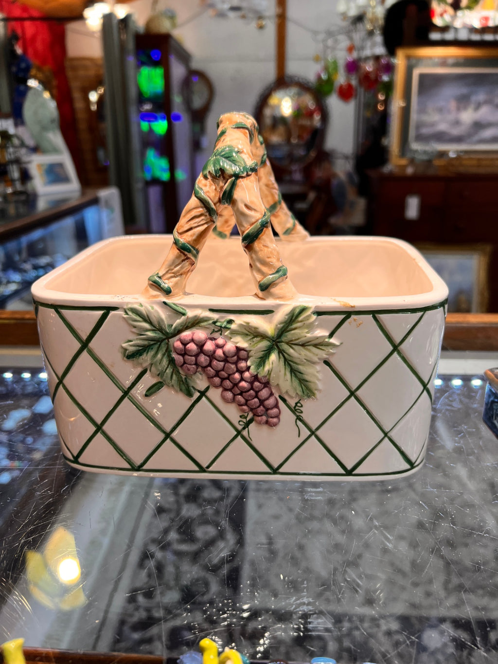 Vintage 1984 Halton Group Ceramic Basket with Grapevine Motif – Hand-Painted Cottage Style
