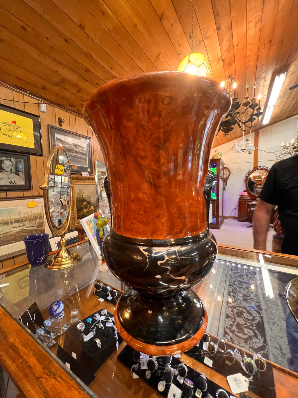 Large Mid-Century Italian Ceramic Vase by SCC Castelli – Amber and Black Marbled Glaze