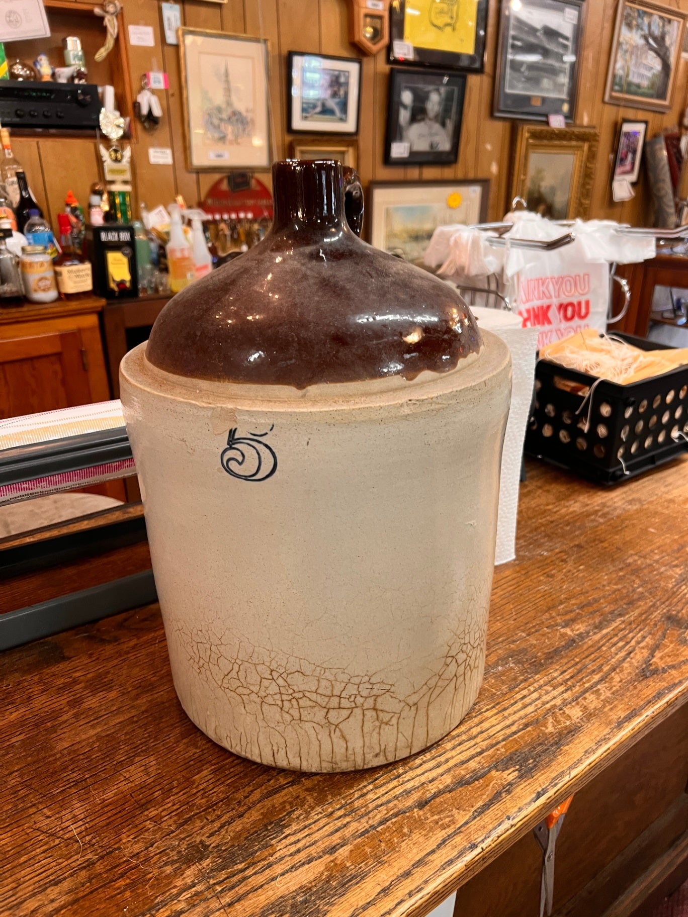 Vintage 5-Gallon Stoneware Jug – Brown Albany Slip Shoulder Crock, Early-Mid 1900s