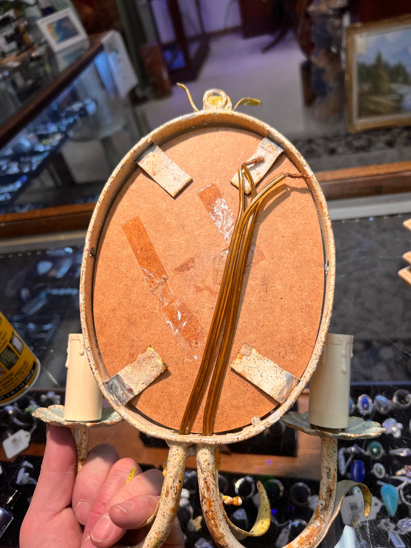 Vintage Italian Tole Mirrored Wall Sconce Light – Hand-Painted Floral Metal, Dual Arm, Mid-Century