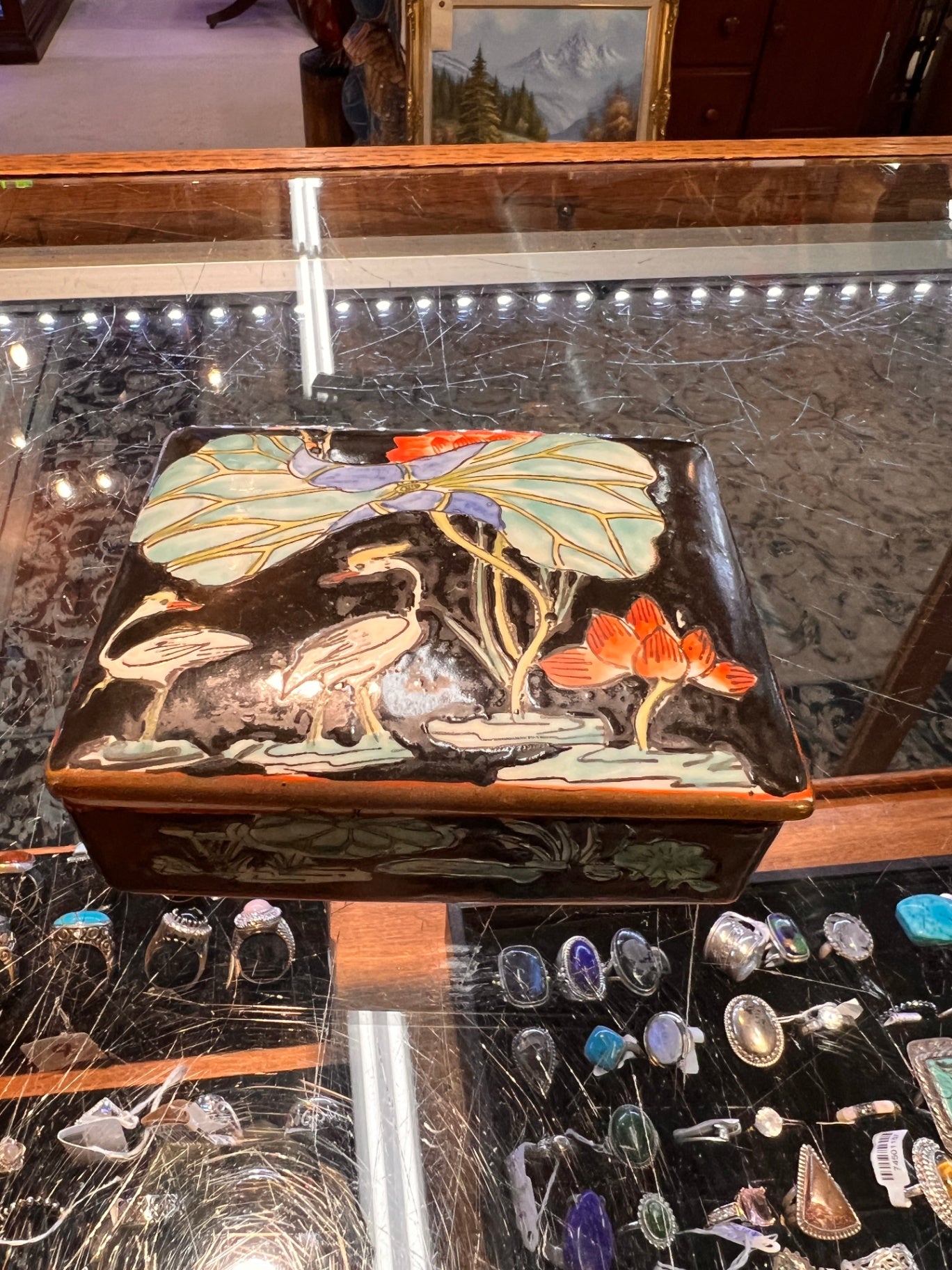 Chinese Porcelain Lidded Box – Cranes and Lotus Design with Qianlong Seal Mark