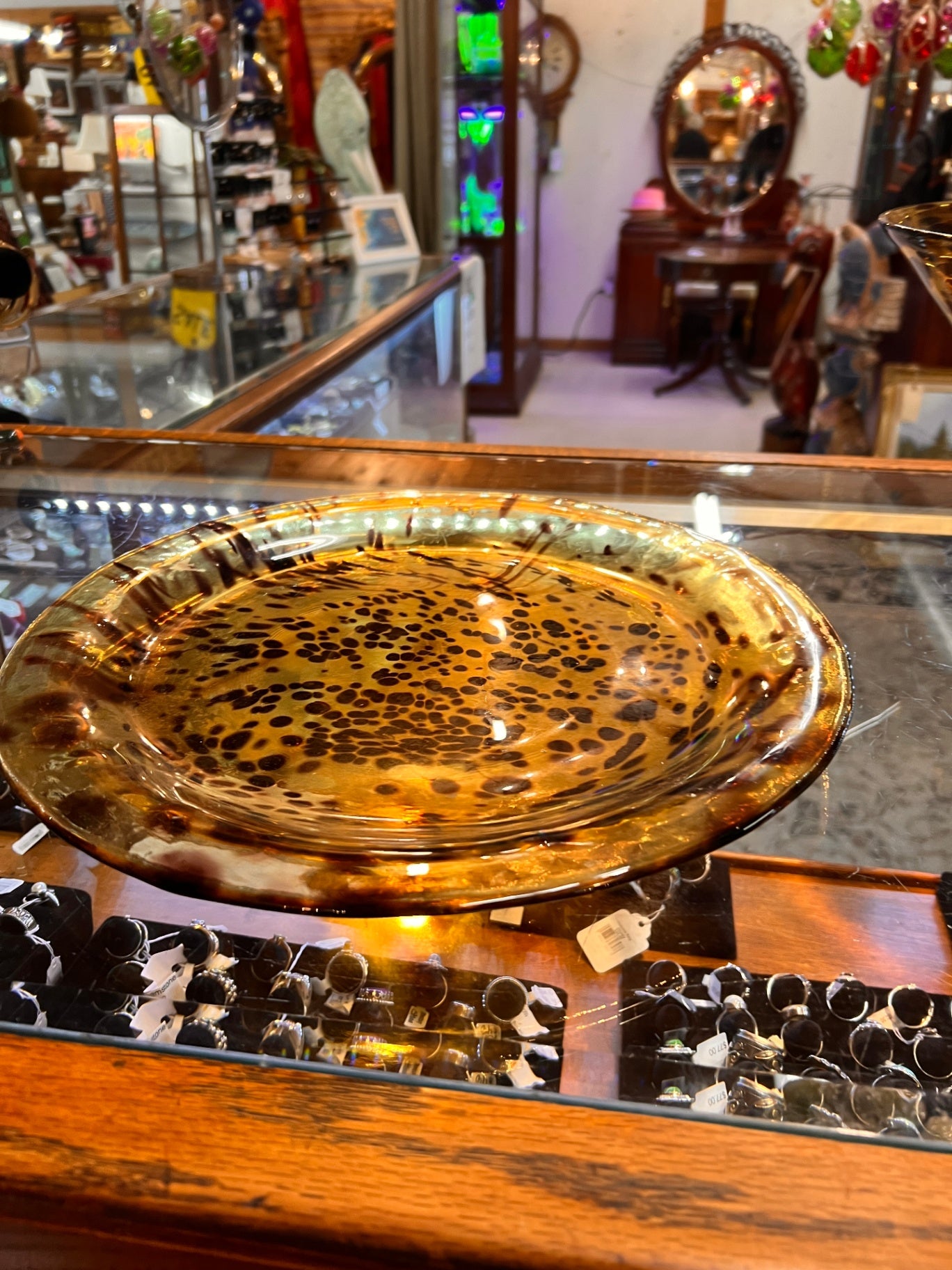 Vintage Murano-Style Amber Tortoiseshell Art Glass Bowl and Charger Set – Hand-Blown Italian Glass