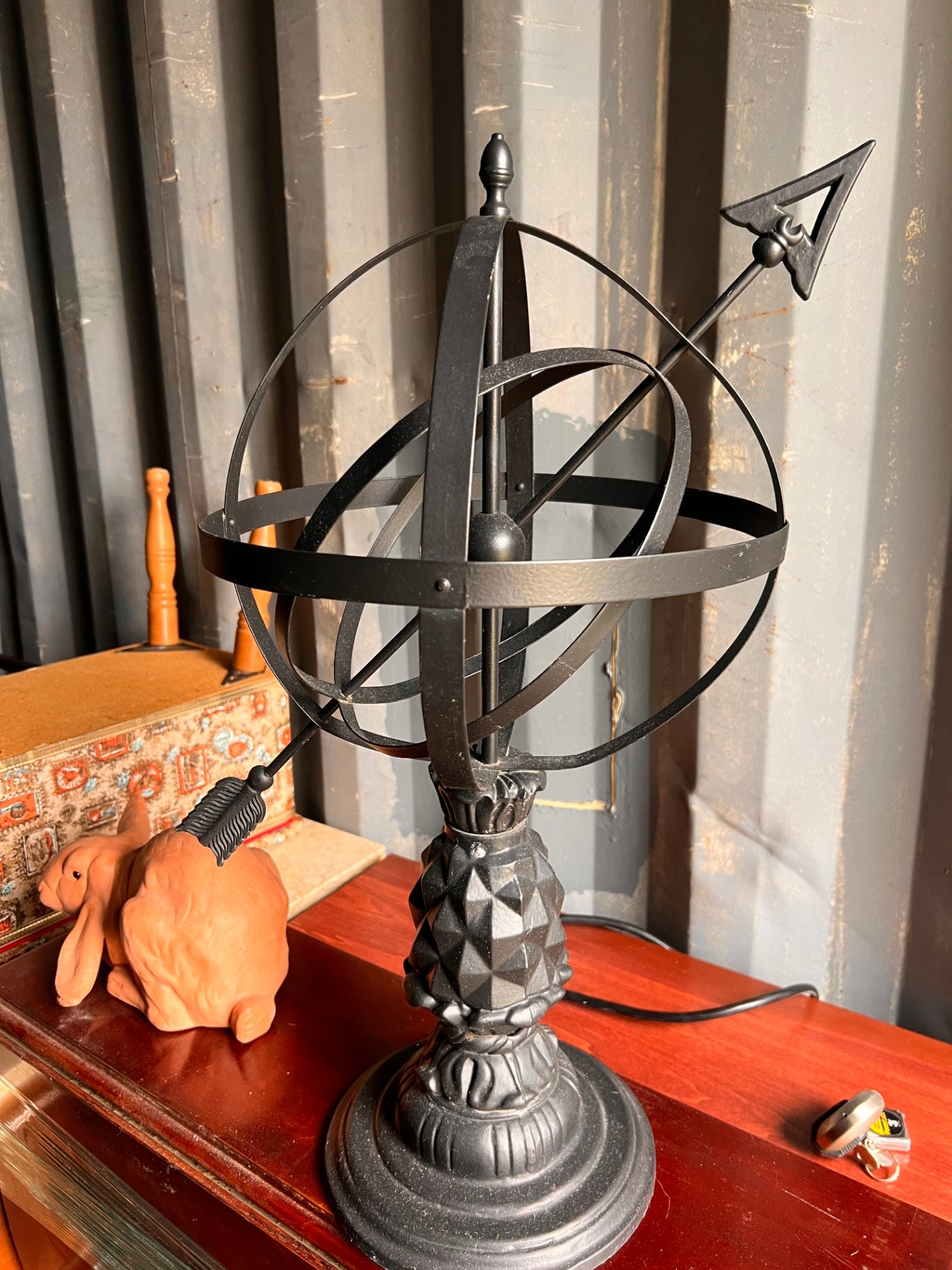 Antique Cast Iron Armillary Sphere with Pineapple Base – Early 20th Century Celestial Globe