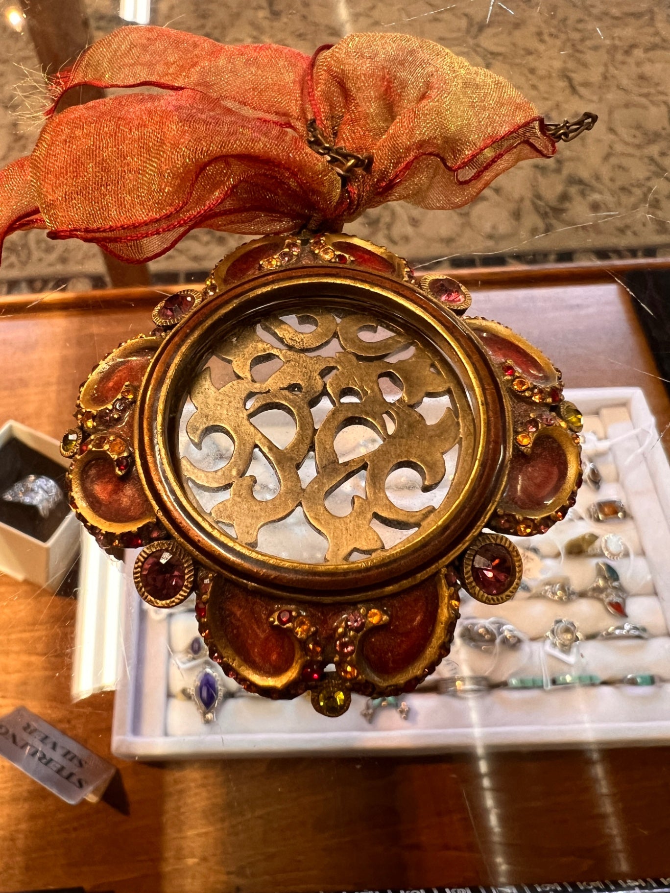 Jay Strongwater Gilded Jeweled Ornament / Frame with Amber and Ruby Crystals