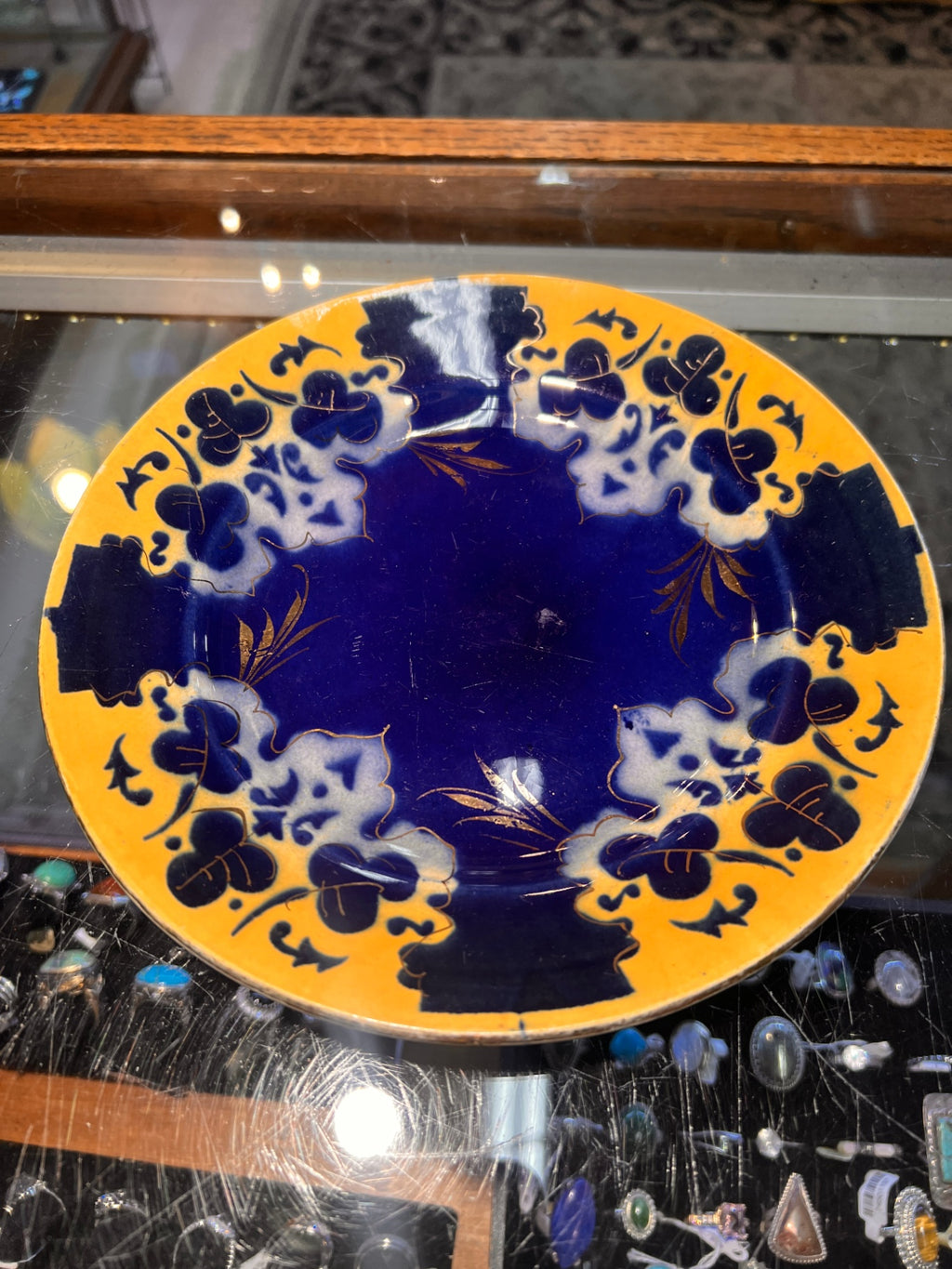 Antique 1887 Doulton Burslem Flow Blue Plate – Cobalt and Mustard Pattern