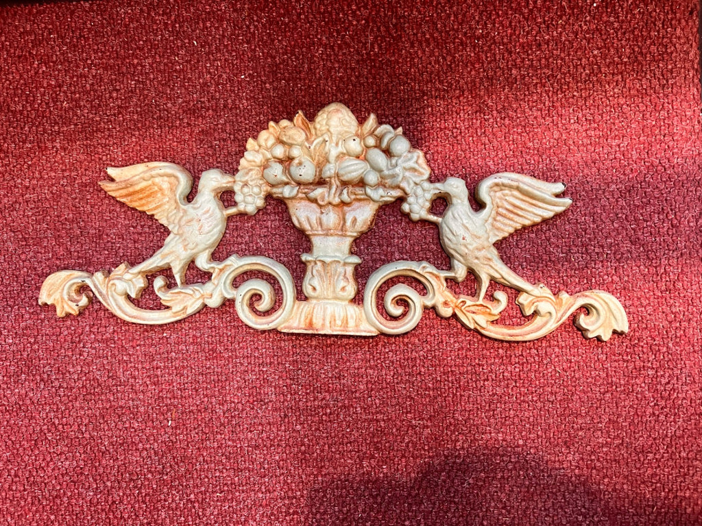 Antique Cast Iron Decorative Plaque – Twin Birds with Fruit Basket, Victorian Revival
