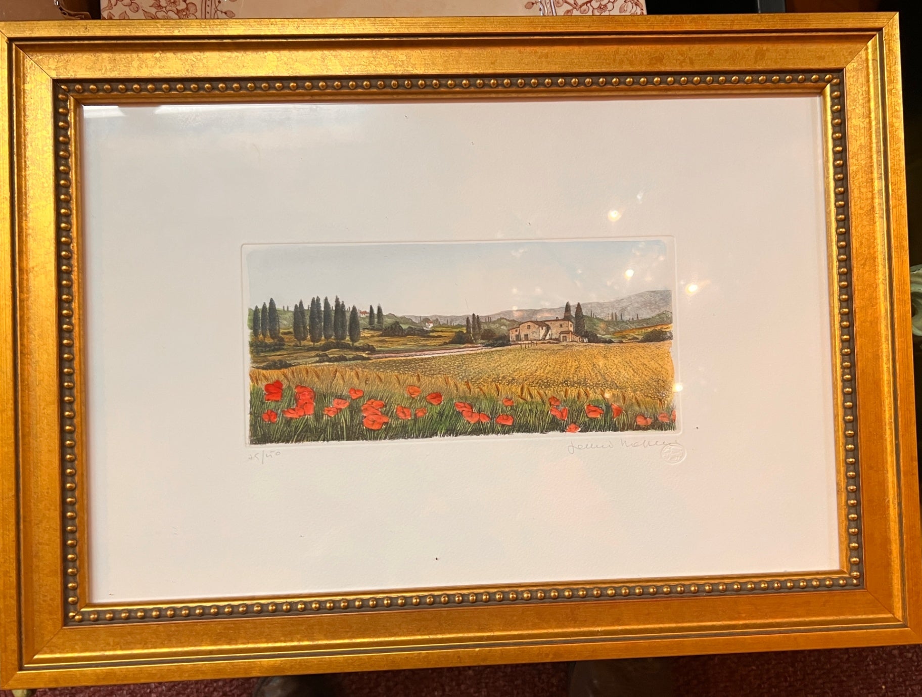 Joannis Vella Hand-Colored Etching – Tuscan Landscape with Poppies, Signed and Numbered