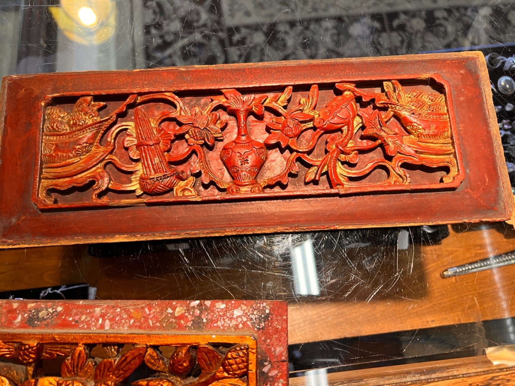 Antique Chinese Red Lacquered Wood Wall Panel Hanging