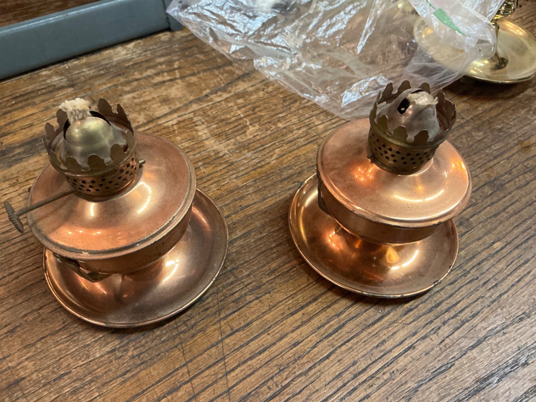 Pair of Vintage Miniature Copper Oil Lamps – Early 20th Century Style