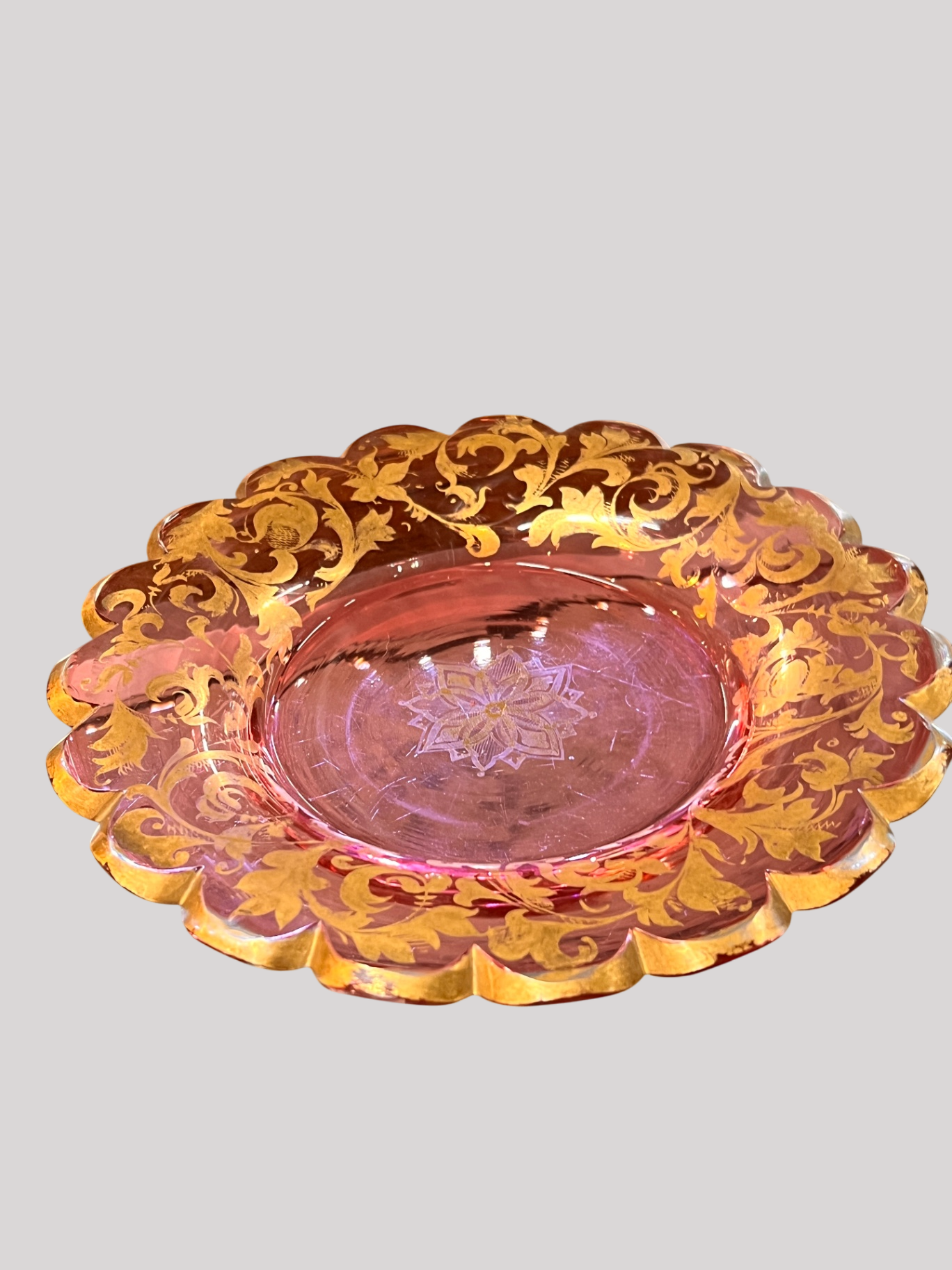 Antique Cranberry Glass Dessert Plate with Gold Enamel Scrollwork – Bohemian Style, c.1900–1930