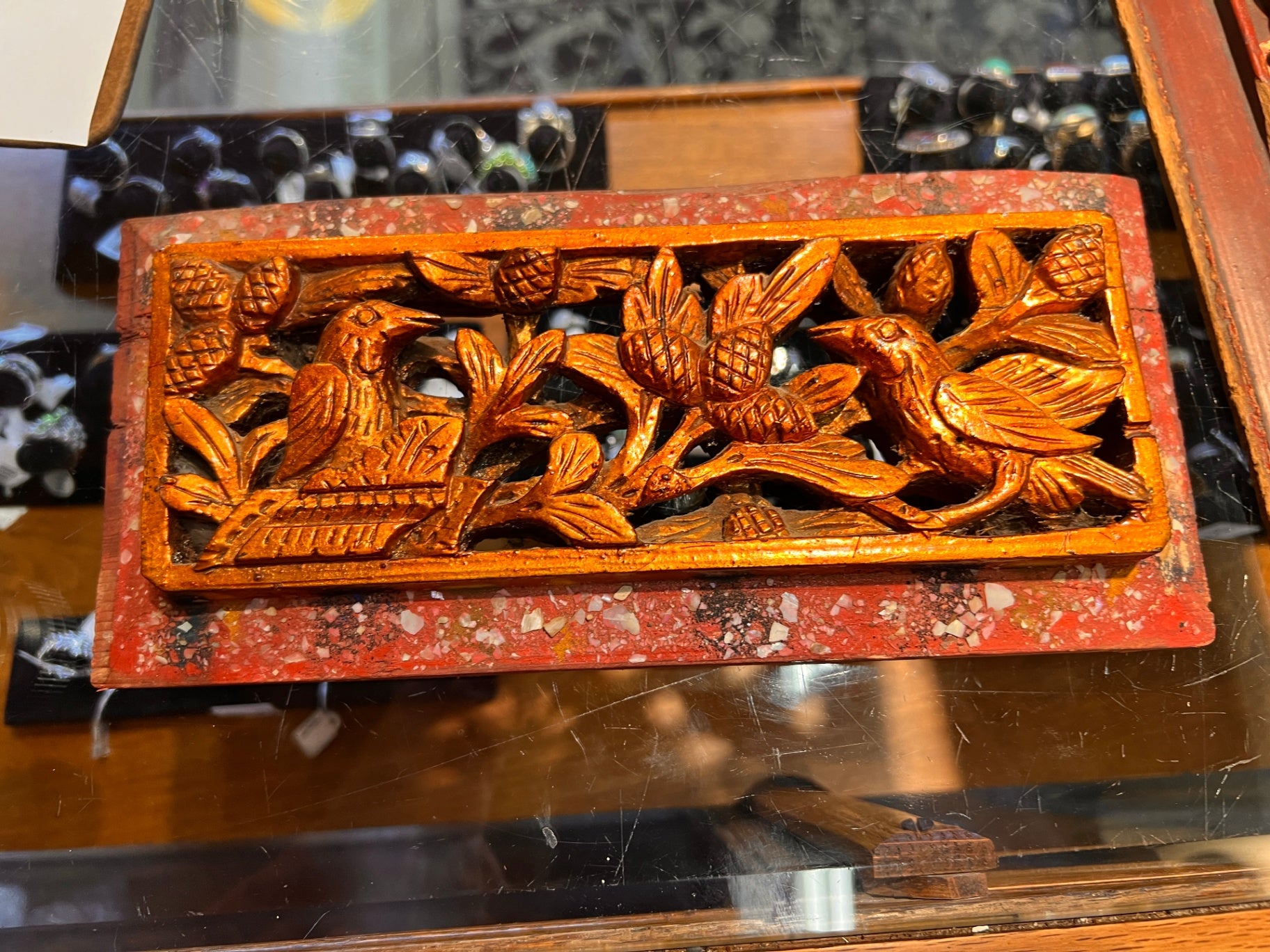 Bird Antique Chinese Red Lacquered Wood Wall Panel Hanging