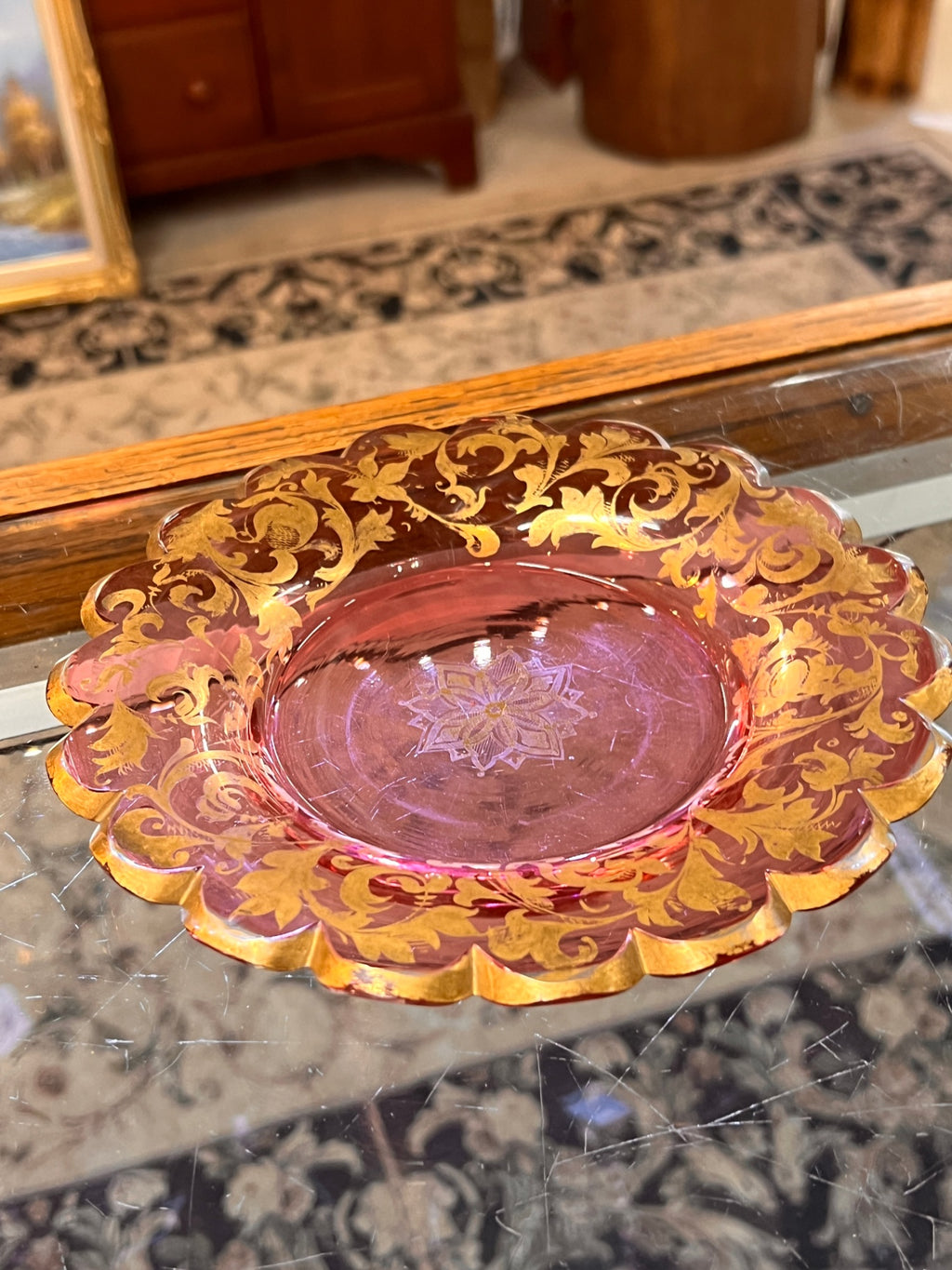 Antique Cranberry Glass Dessert Plate with Gold Enamel Scrollwork – Bohemian Style, c.1900–1930