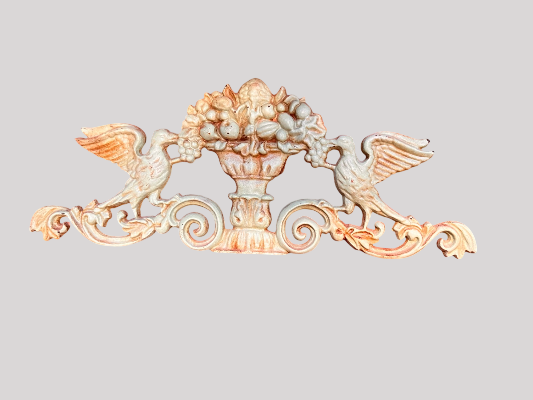 Antique Cast Iron Decorative Plaque – Twin Birds with Fruit Basket, Victorian Revival