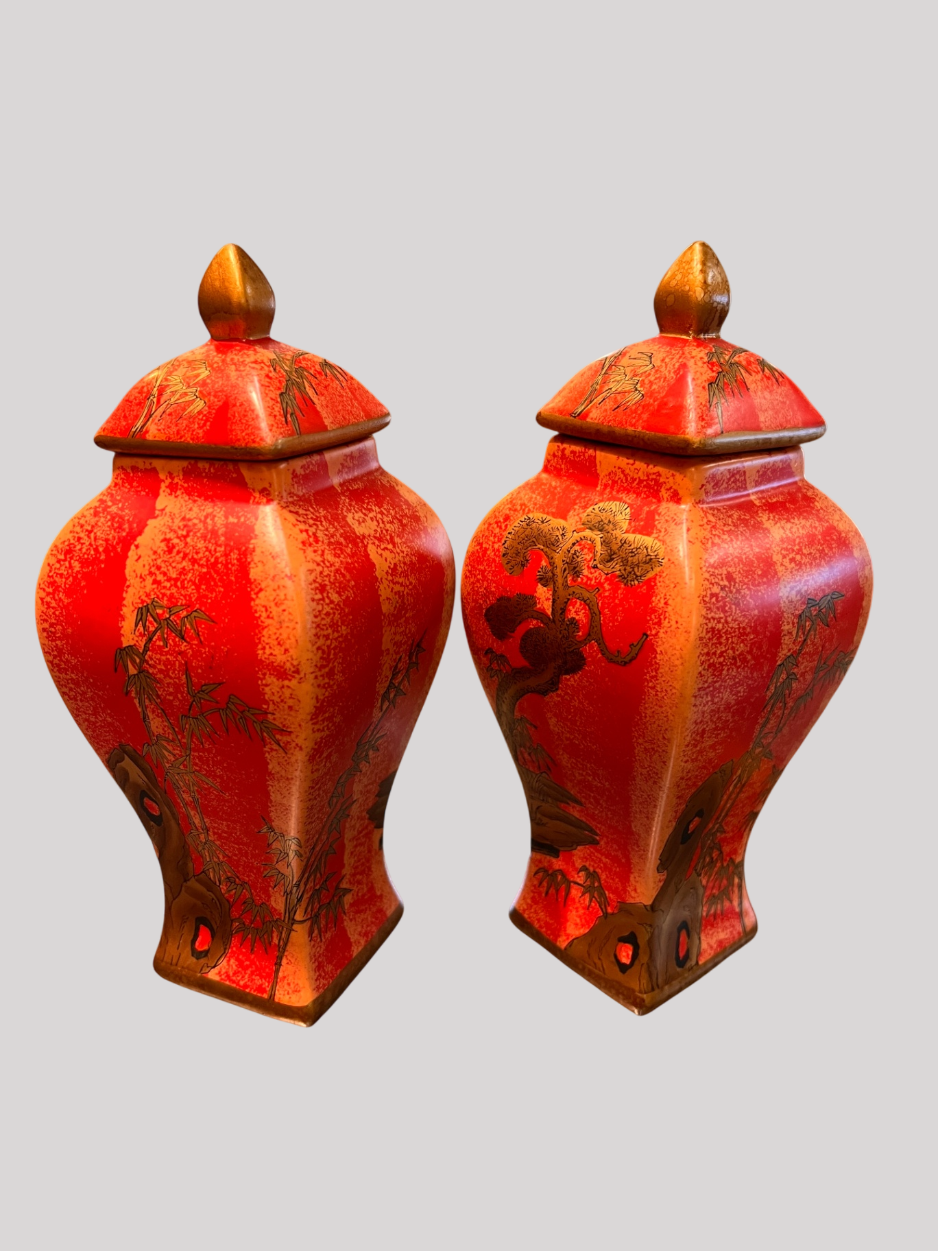 Pair of Antique Asian Lacquered Temple Jars