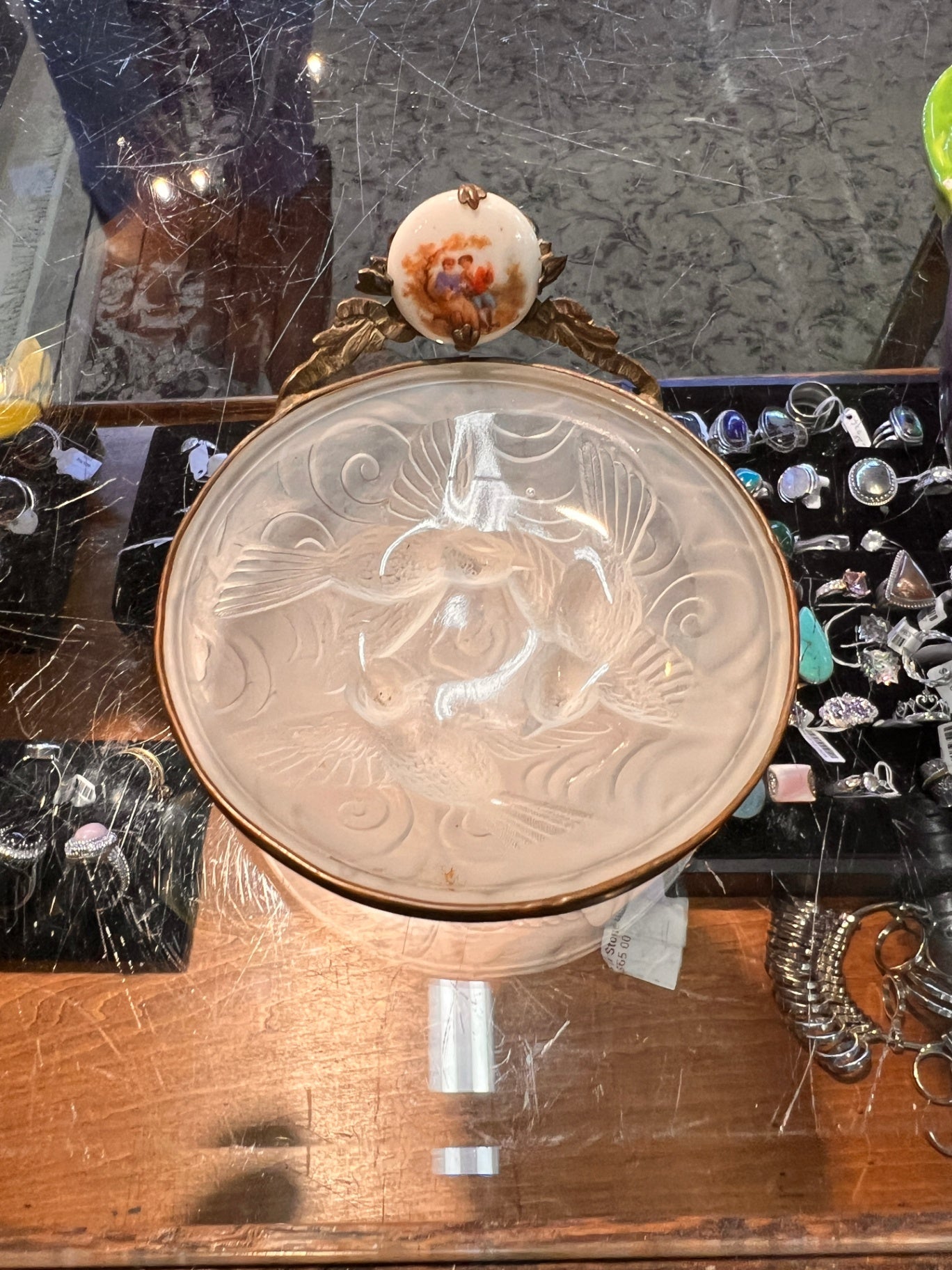 Vintage Limoges Accent Frosted Crystal Glass enameled trinket Tray Dish Birds