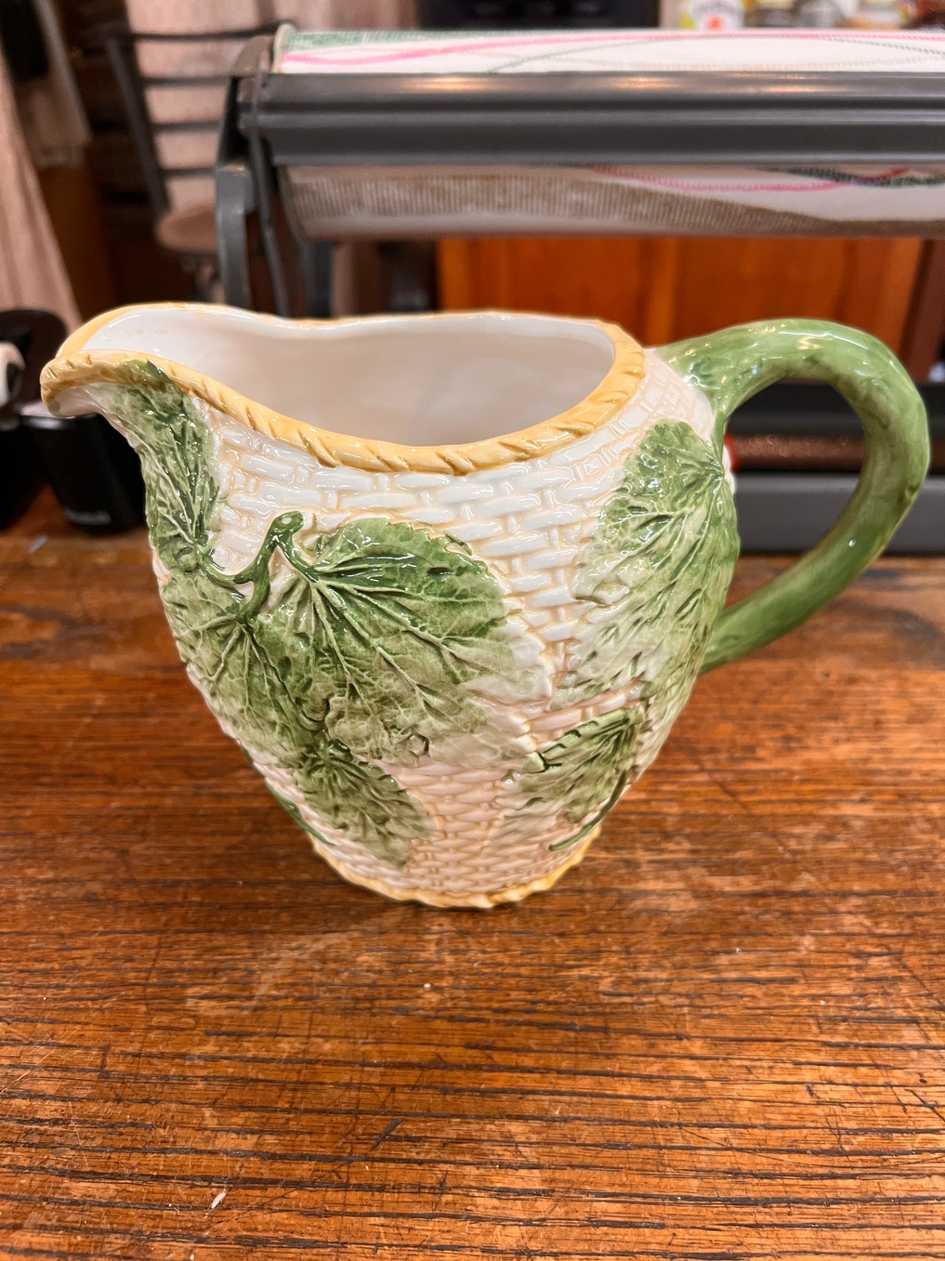 Vintage San Marco Majolica Pitcher: Green Leaves Basket Weave, Made in Italy