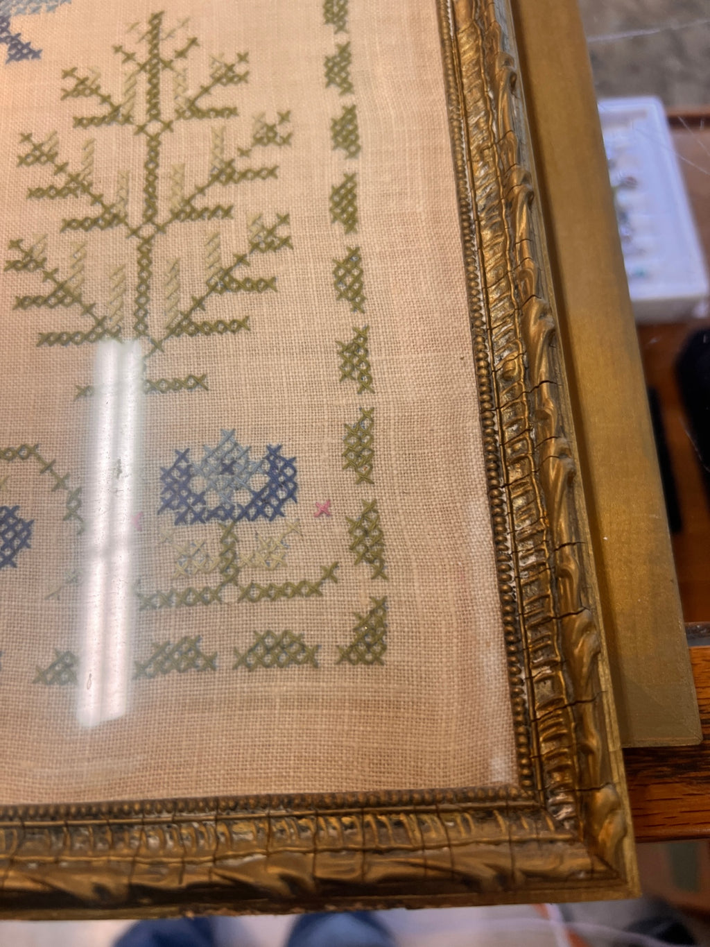 Vintage Cross Stitch Folk Art Country Scene Hand Embroidery Linen Panel 26" x 20Vintage Cross Stitch Folk Art Country Scene Gilt Framed Hand Embroidery Linen Panel 26" x 20 