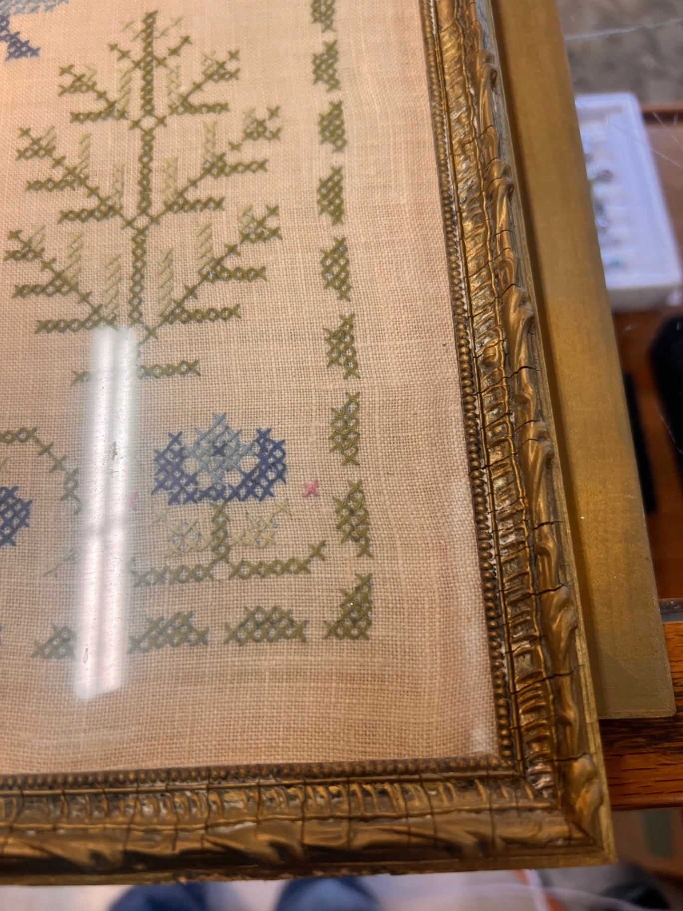 Vintage Cross Stitch Folk Art Country Scene Hand Embroidery Linen Panel 26" x 20Vintage Cross Stitch Folk Art Country Scene Gilt Framed Hand Embroidery Linen Panel 26" x 20 