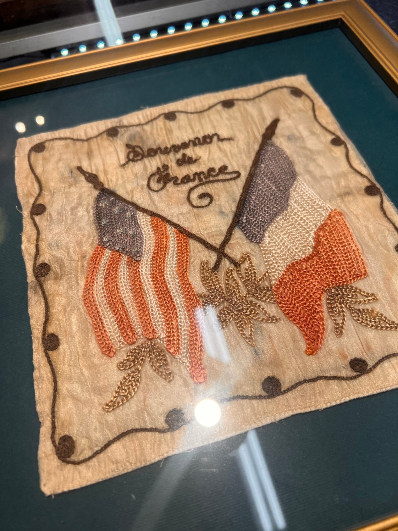 WWI “Souvenir de France” Embroidered Silk Handkerchief with Allied Flags, c. 1917–1919