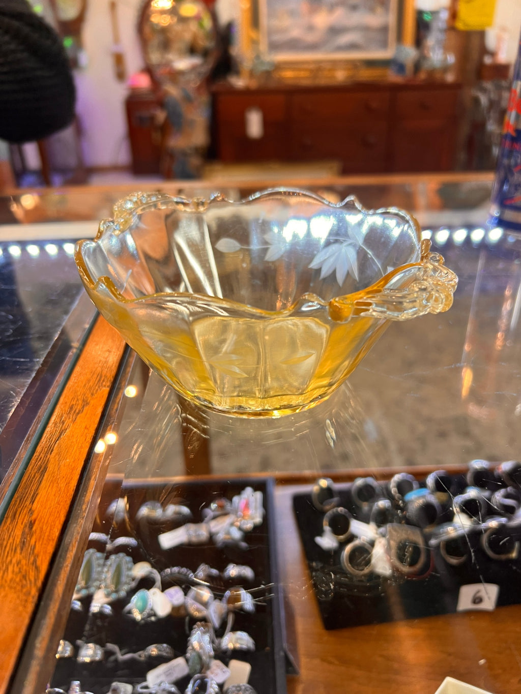 Vintage Lancaster Etched Yellow Depression Glass Handled Bowl