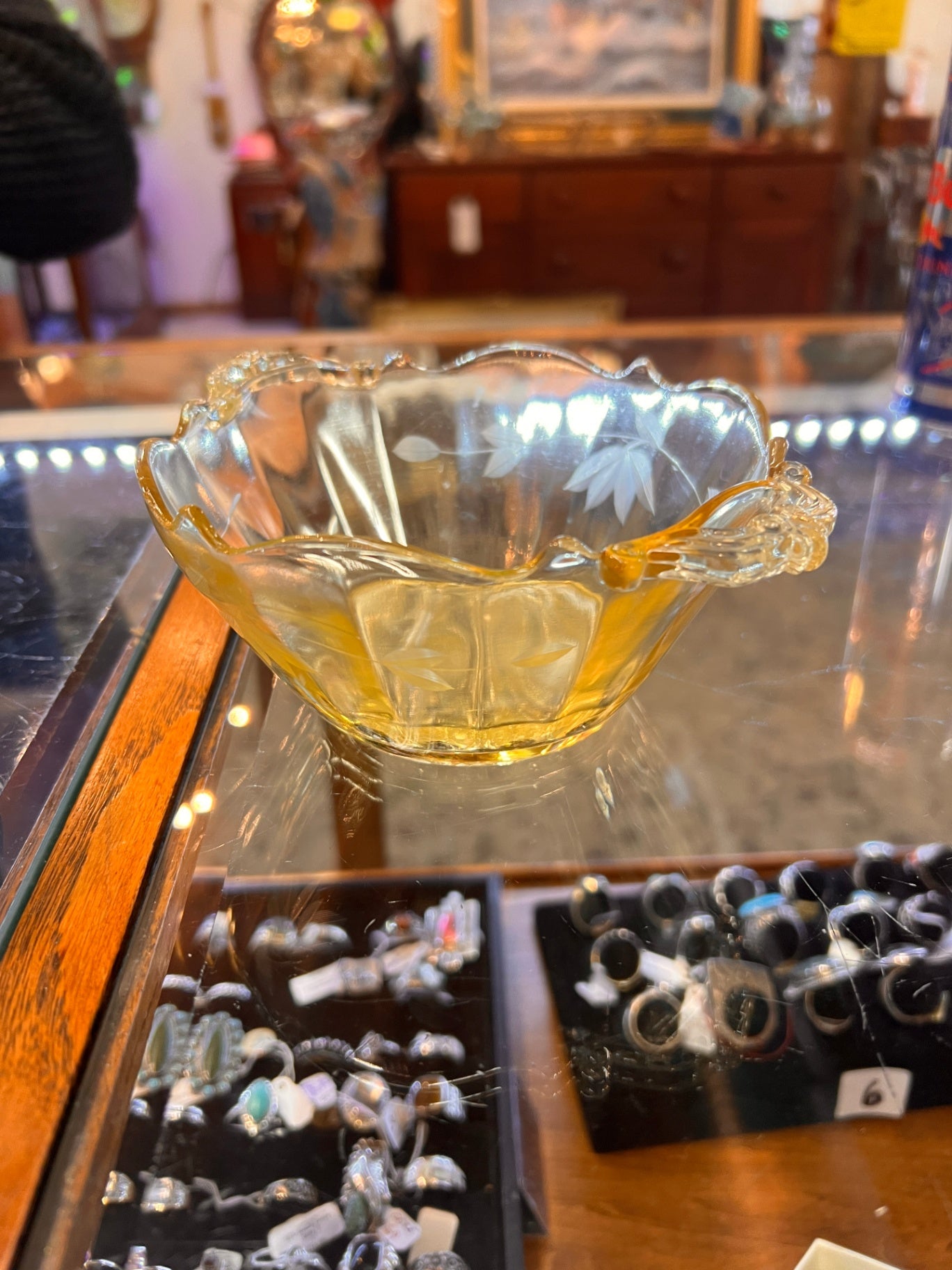 Vintage Lancaster Etched Yellow Depression Glass Handled Bowl