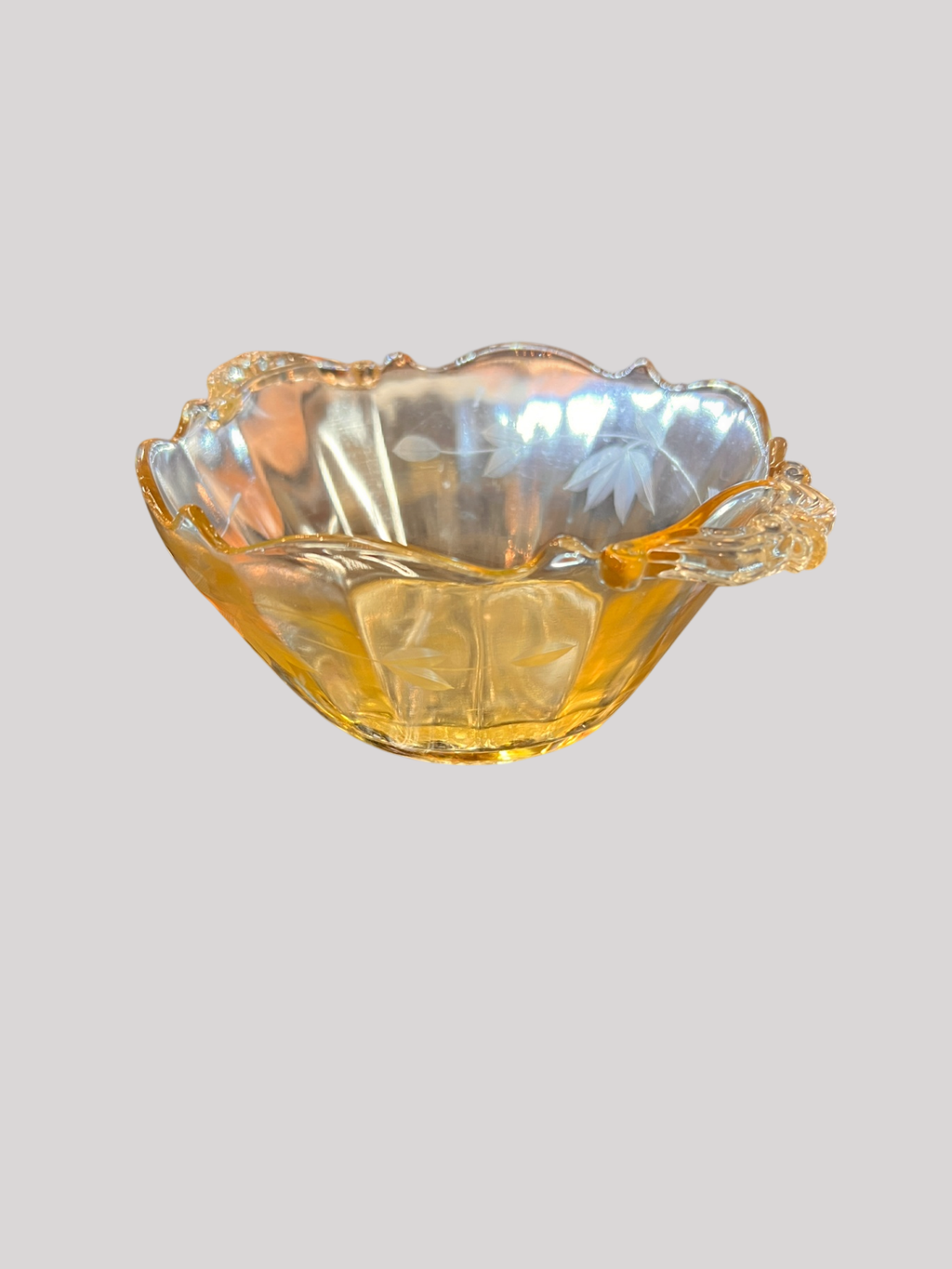 Vintage Lancaster Etched Yellow Depression Glass Handled Bowl