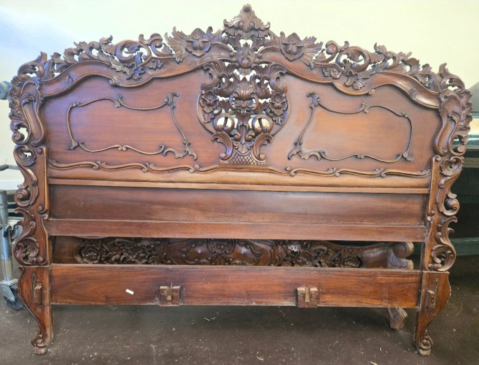 Walnut Carved Wood Headboard, Footboard, Side Rails Furniture King Size Very Good Imported