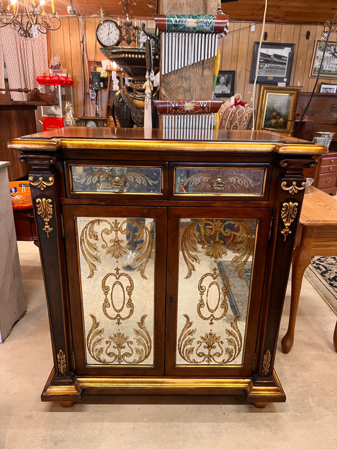 Monarch for Century Furniture “Mirrored Two-Door Vit­reous Cabinet” — Mahogany & Gilt Accent, ca. 1980s–90s