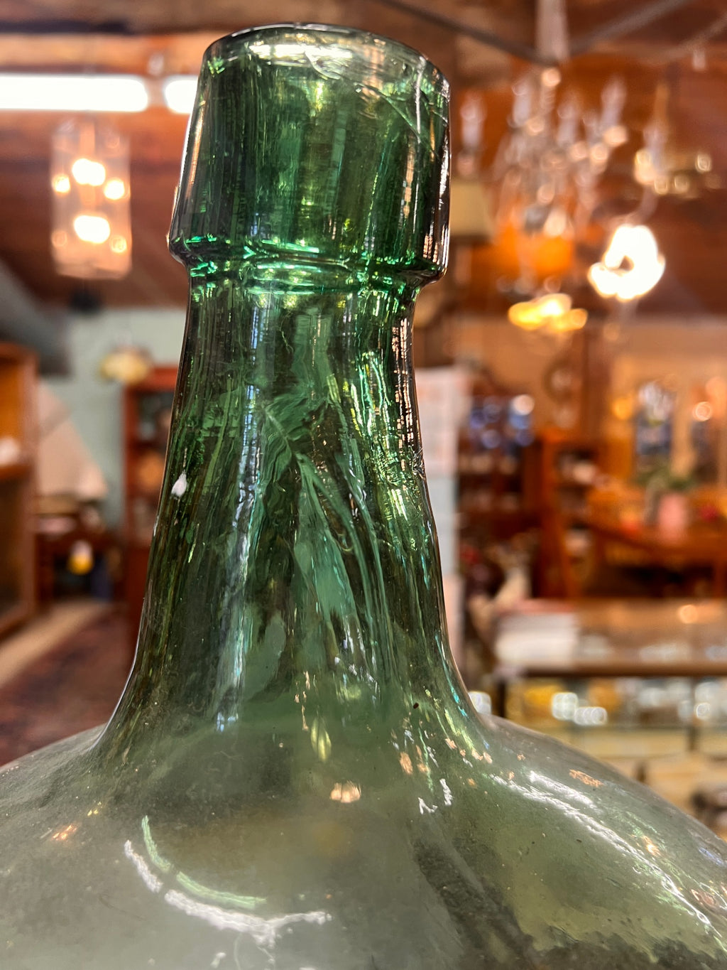 Antique Hand-Blown Green Glass Demijohn / Carboy – Late 19th to Early 20th Century Wine Vessel