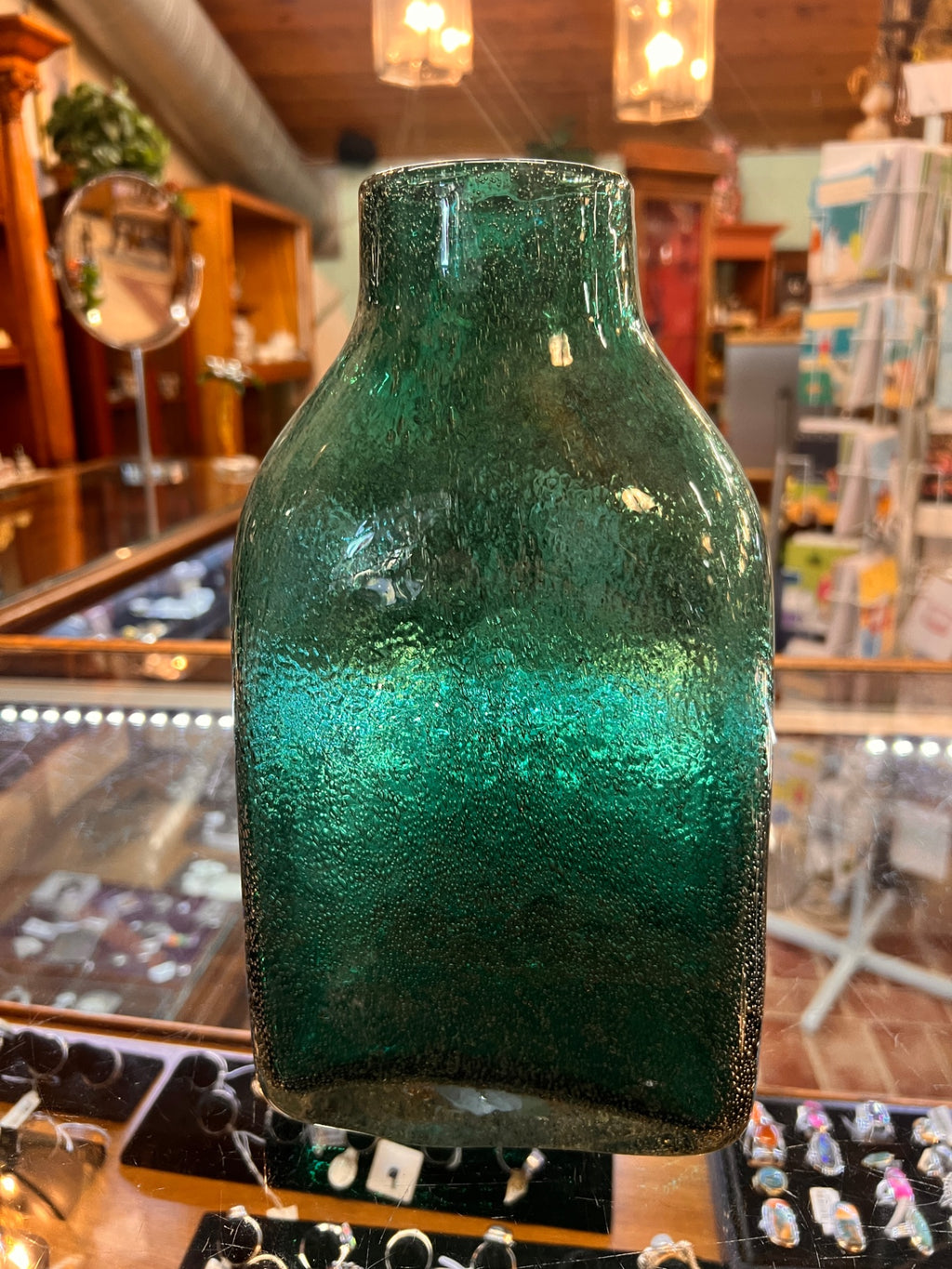 Mid-Century Hand-Blown Green Glass Bottle Vase – Recycled Bubble Glass, Mexican Artisan