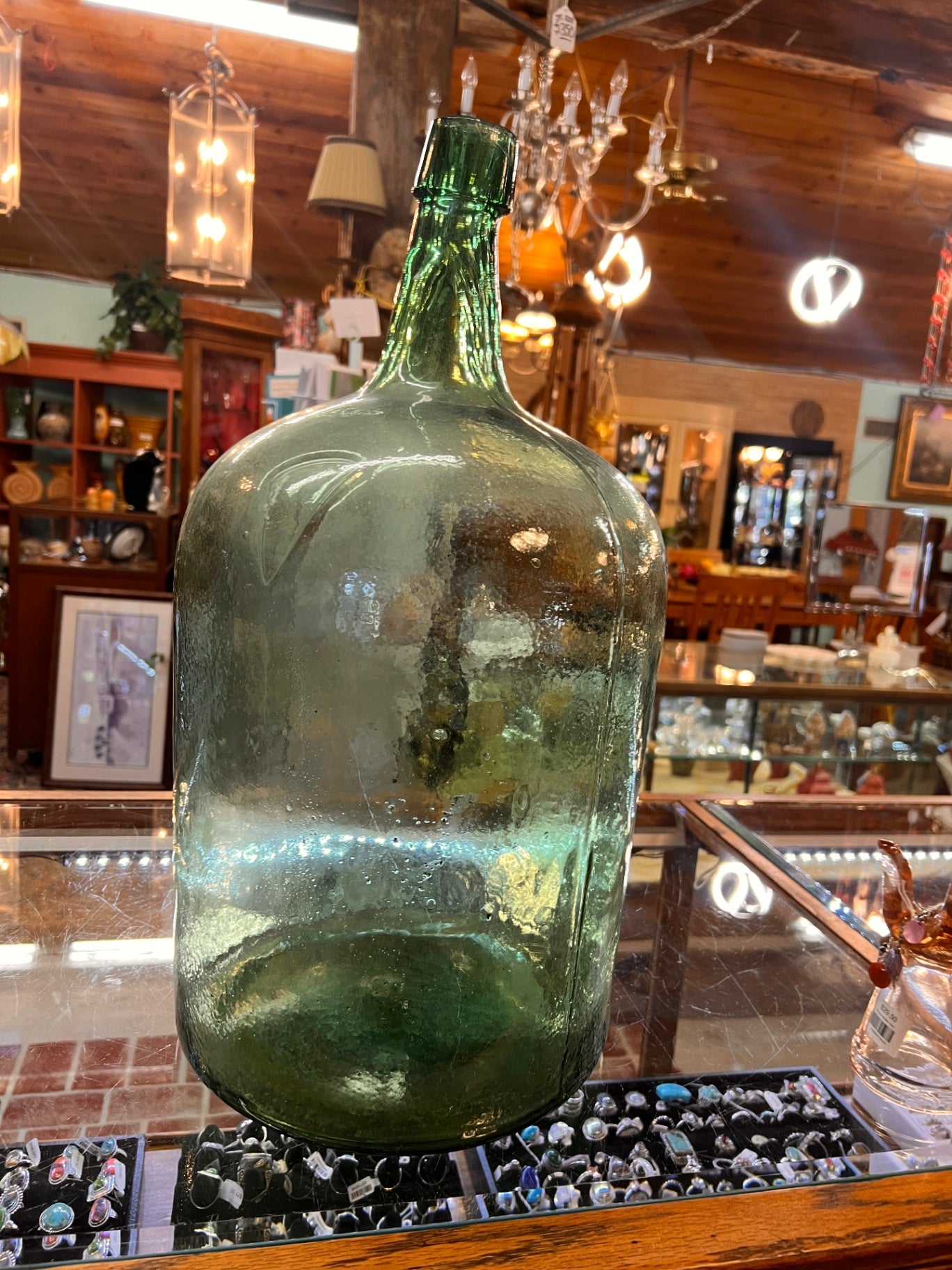 Antique Hand-Blown Green Glass Demijohn / Carboy – Late 19th to Early 20th Century Wine Vessel